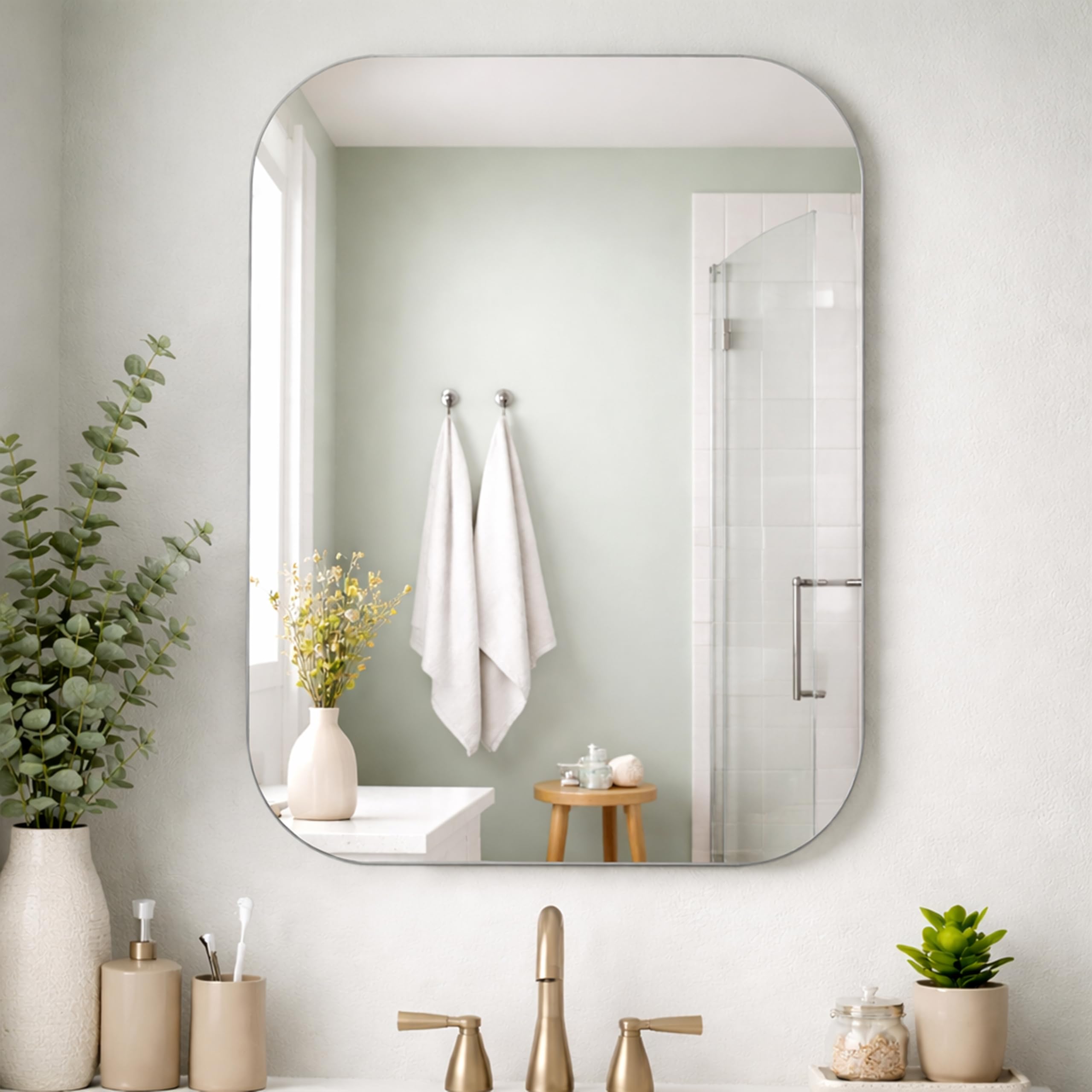 Frameless Wall Mirror for Bathroom, Glass, Modern, Clear, Rectangle, 60 x 45 Centimeters, Wall Mount (1, Rectangular)-image-13
