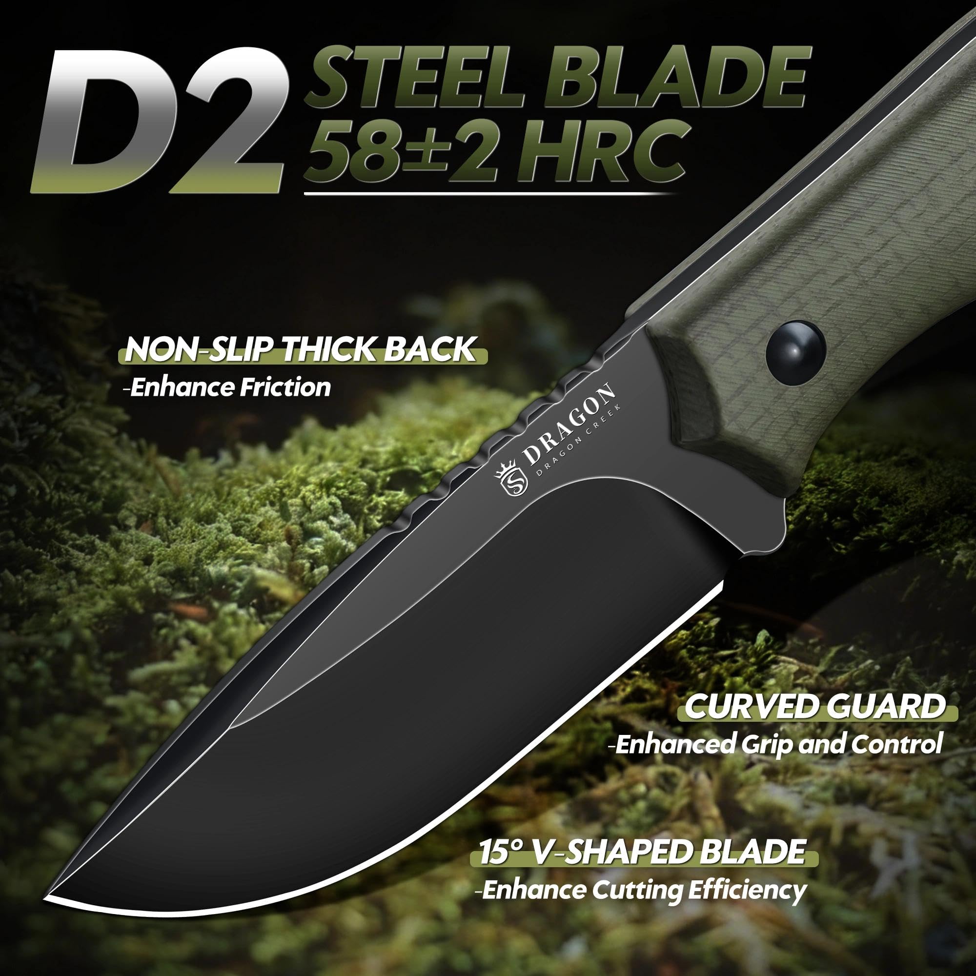 Dragon Creek Kompaktes Outdoor Messer feststehend D2 Stahl, Drop Point Jagdmesser mit G10 Griff, Full Tang EDC Messer mit Kydex Scheide, kleines Camping Bushcraft Messer(Grün) - 4