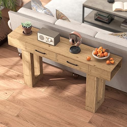 Miniatura 4 de Rovibek Mesa consola de 63 pulgadas para entrada, mesa de entrada de granja con 2 cajones, mesa detrás del sofá con tomacorriente, mesas de entrada