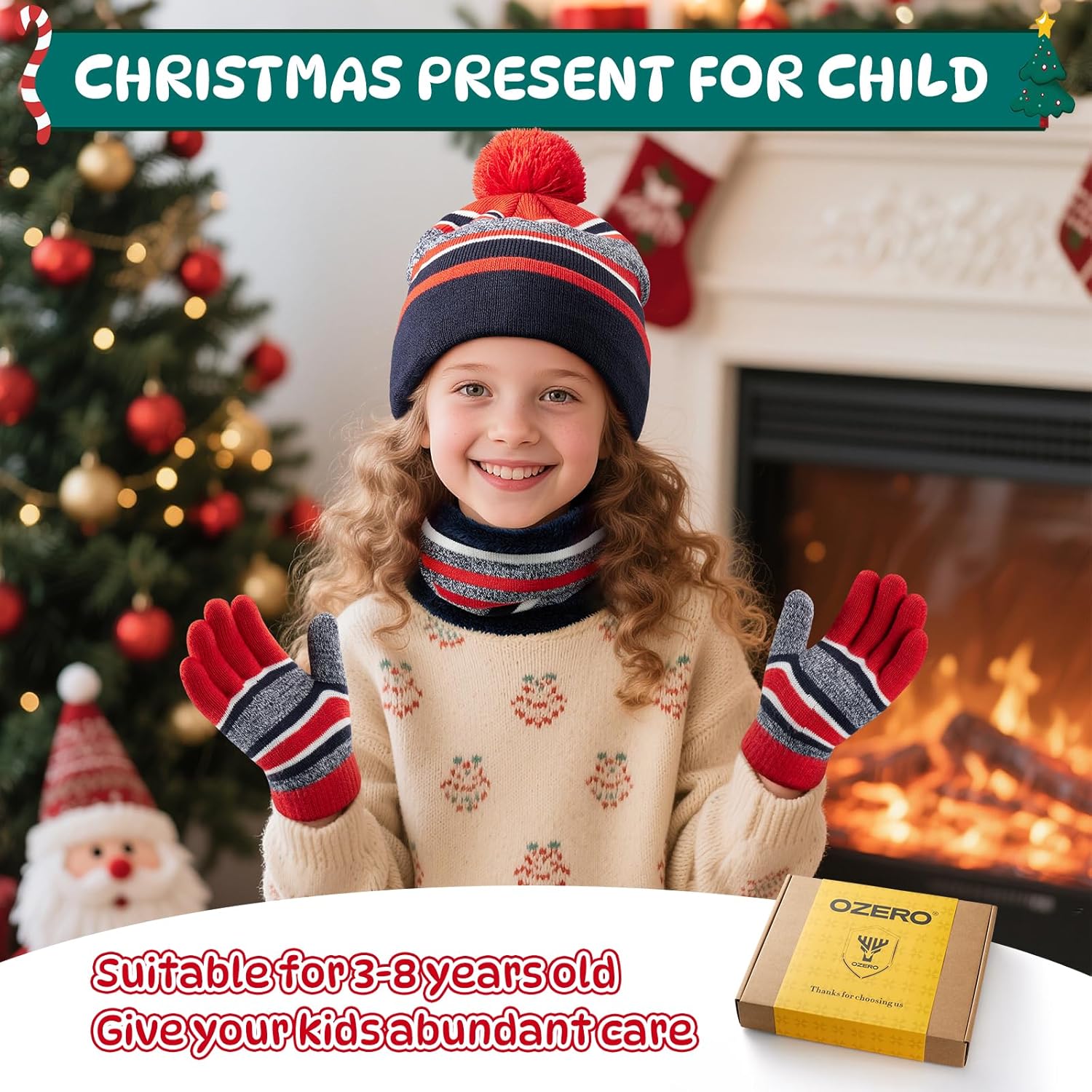 OZERO 2&3Pcs Kids Winter Knit Hat Gloves Scarf Set Warm Fleece Lining Thermal Beanie for 3-8 Year Boys and Girls - Image 2