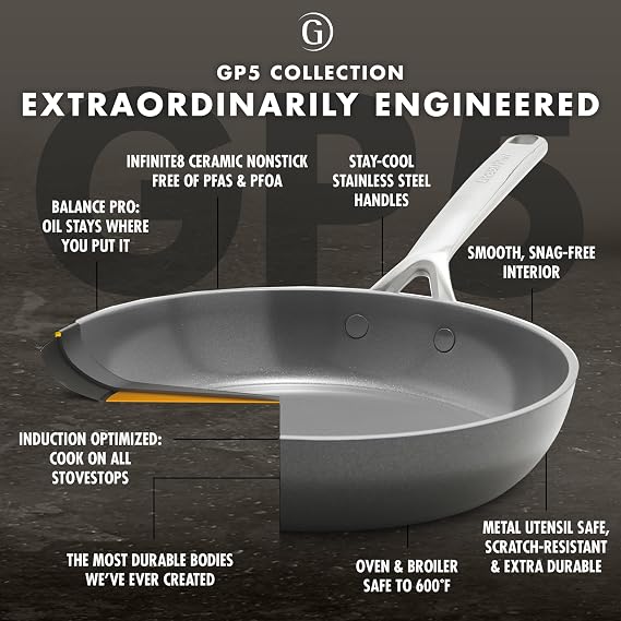 GreenPan GP5 Hard Anodized Healthy Ceramic Nonstick 14 Piece Cookware Pots and Pans Set، Heavy Gauge Scratch Resistant، Stay-Flat Surface، Induction، Mirror Finish Handle، Oven Safe، PFAS-Free، Cocoa