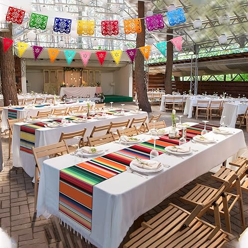 Miniatura 2 de Paquete de 10 caminos de mesa de Serape mexicano de 14 x 84 pulgadas, 29 carteles de papel picado, pancarta colgante de fiesta y bandera de