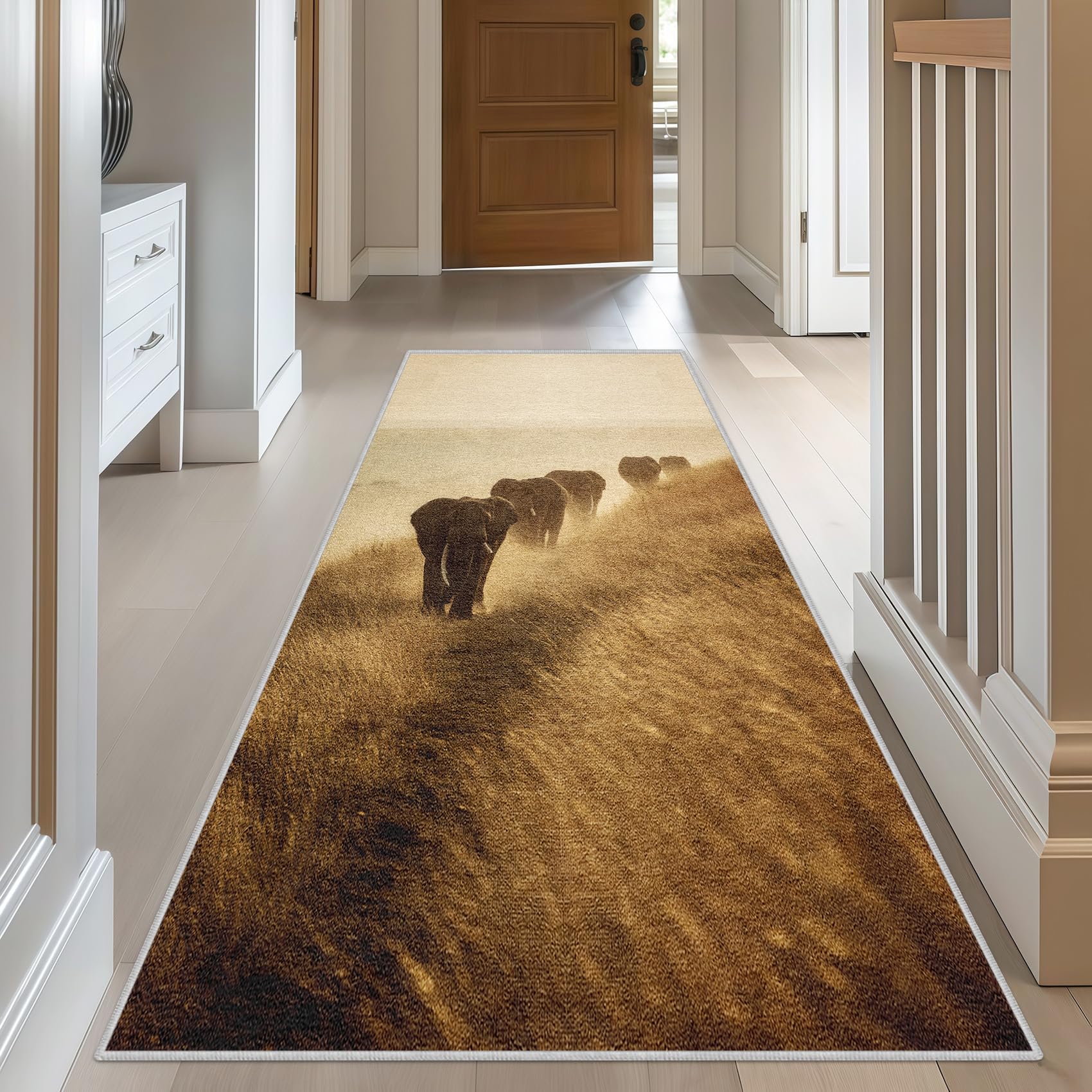 Generisch Elefant Muster Teppich Läufer Flur 80 x 150, Waschbar rutschfest Afrika Grasländ Tier Teppichläufer, Weich Kurzflor Lang Flurläufer für Wohnzimmer Schlafzimmer Bettvorleger Küchen Jz777