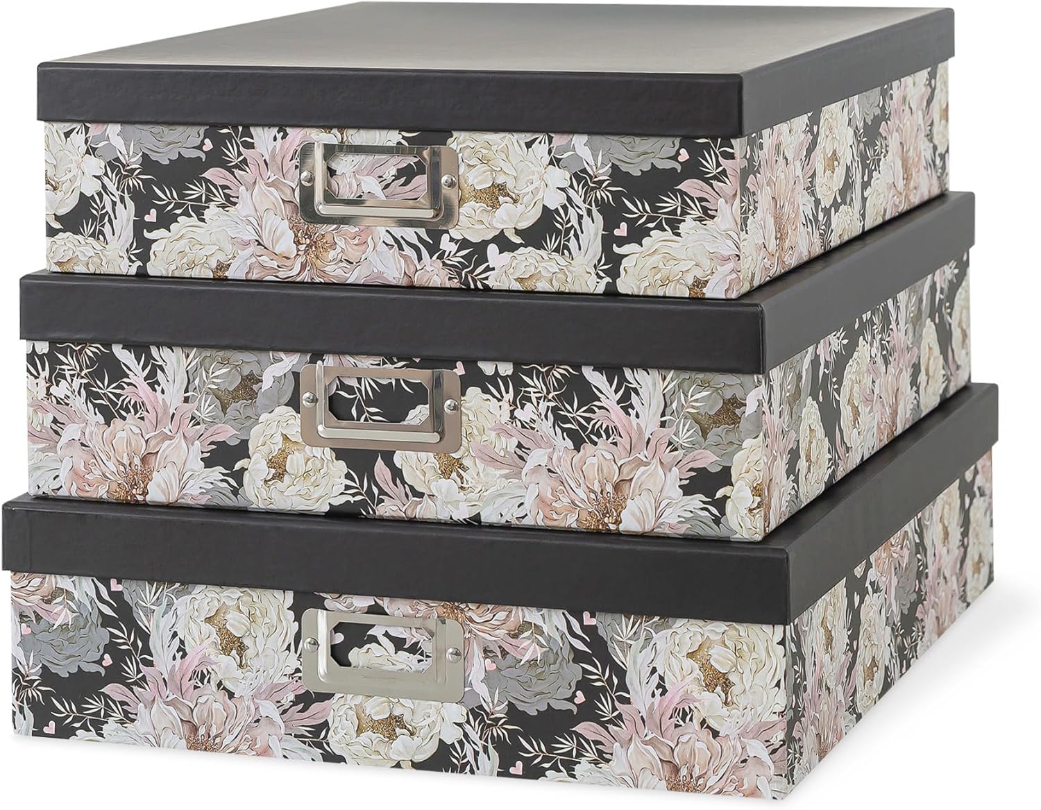 Soul & Lane Decorative Storage Boxes with Lids for Organizing, Set of 3 Floral Jumbo Scrapbook Letter Storage Boxes for Documents, Photos, Keepsakes, Memories, Garden Noir
