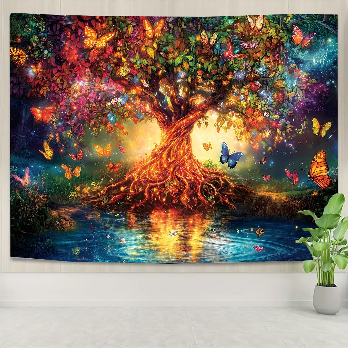 FENDROM Tree of Life Wall Hanging Tapestry Aesthetic Colorful Butterfly In Wonderland Forest Wall Art Large Mural Decor Backdrop Blanket for Bedroom Living Room Decoration