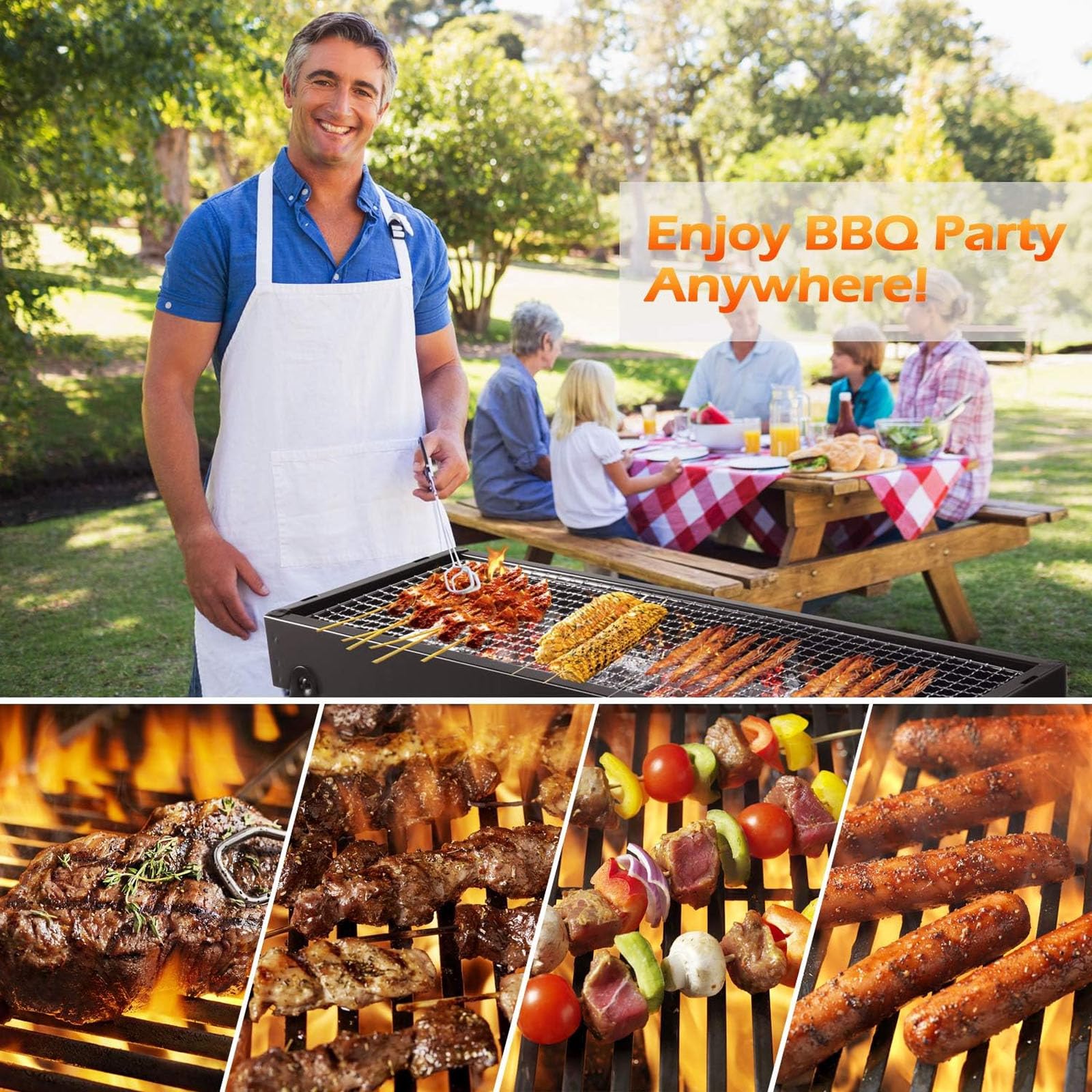 Wędzarnia do grilla węglowego z bocznymi półkami, przenośny składany kompaktowy grill kempingowy na zewnątrz dla 3–5 osób, do ogrodu, plaży, pikniku i na stół