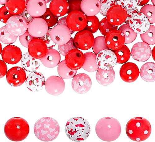 Jmkcoz 100 cuentas de madera para el día de San Valentín, cuentas de madera de corazón de amor de 0.63 pulgadas, cuentas espaciadoras redondas