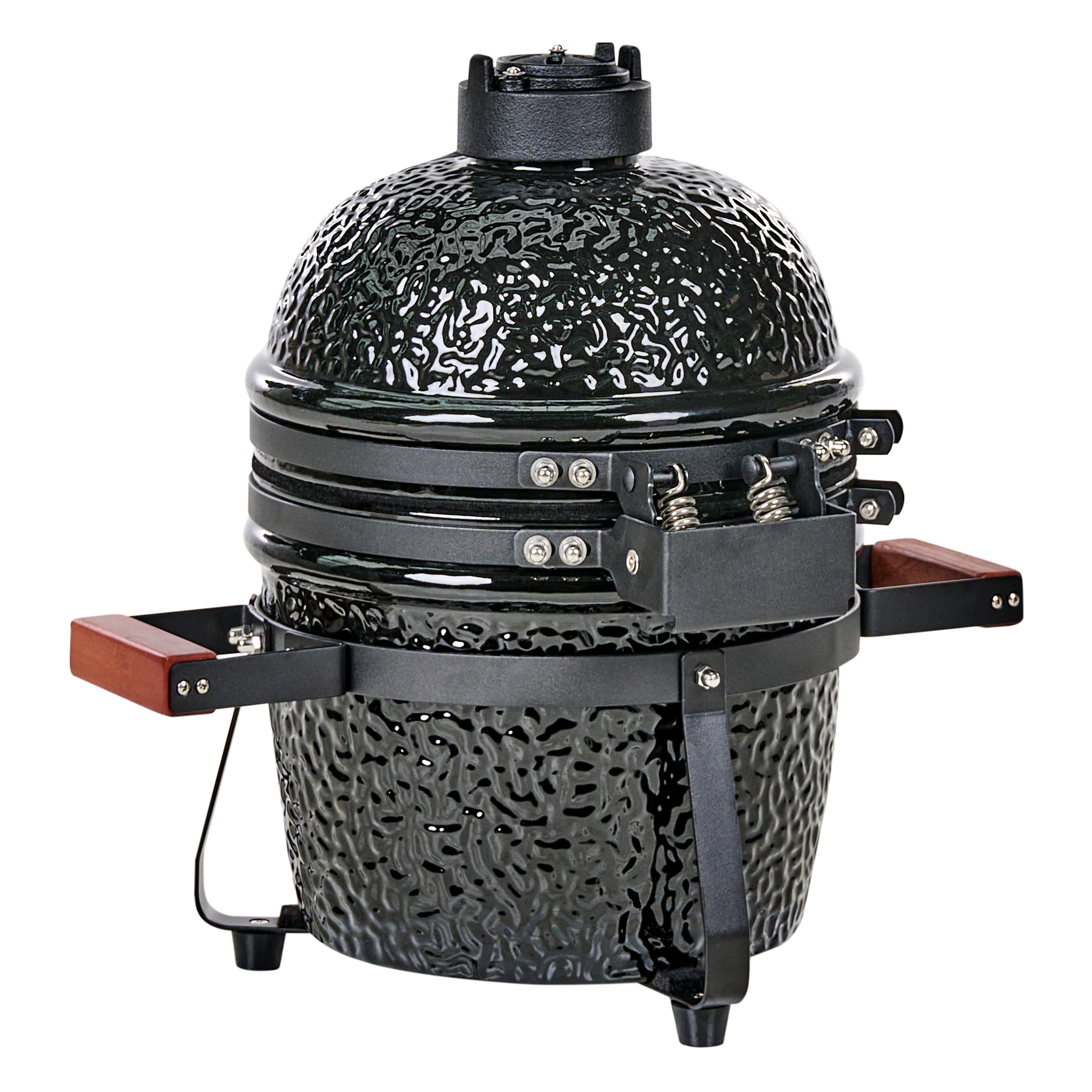 Ogrodowy mini grill węglowy ceramiczny przenośny z pokrywą termometerem rusztem czarny Kamado