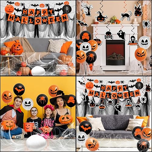 Miniatura 5 de Decoraciones de Halloween, decoraciones de fiesta de Halloween naranja y negro, remolinos colgantes, pancarta de araña de fantasma y murciélago,