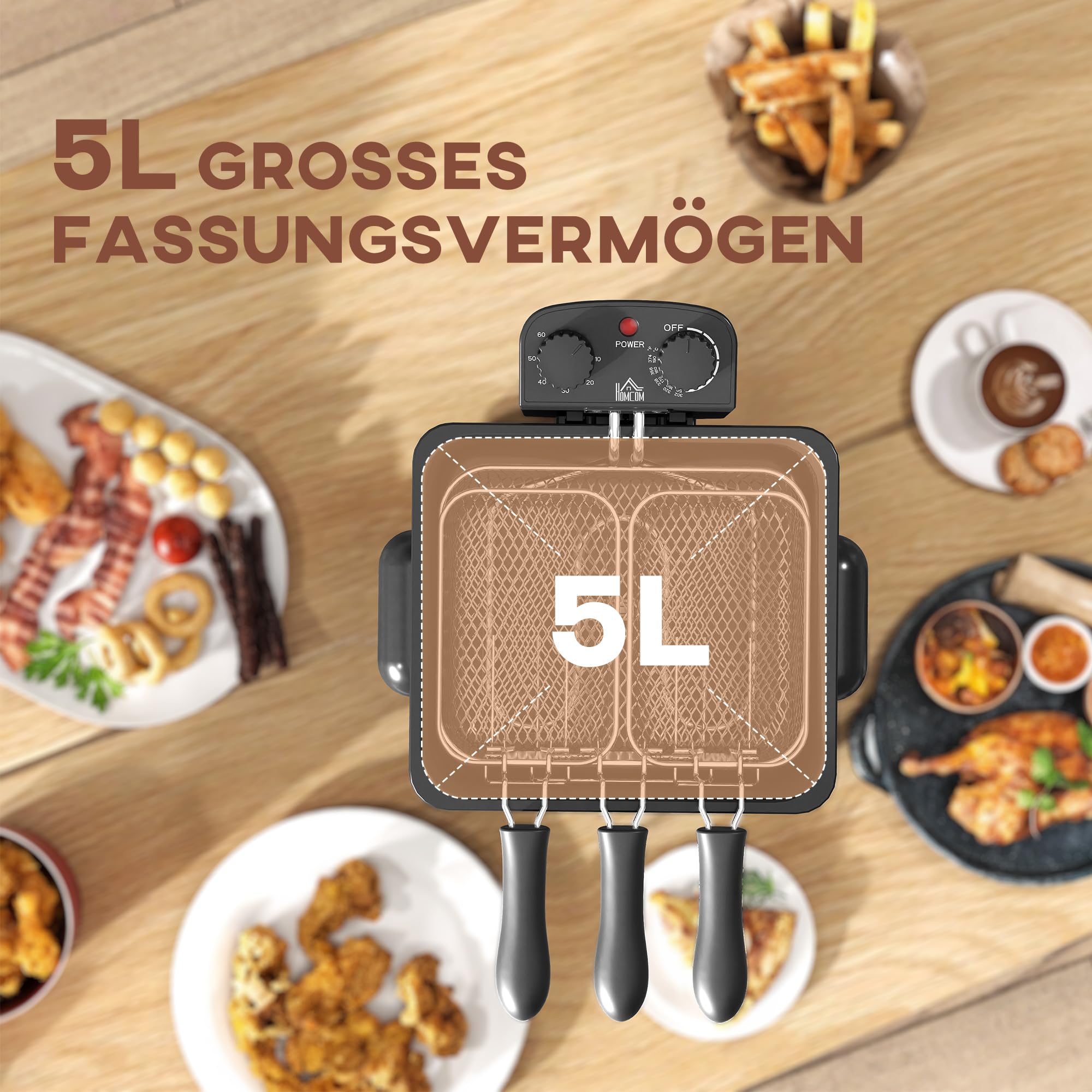 HOMCOM Friteuse 5 litres Électrique Température/Minuterie Réglables 2000 W | Panier à Huile Amovible, Fenêtre de Visualisation, pour Frites et Poulet Frit, Acier Inoxydable