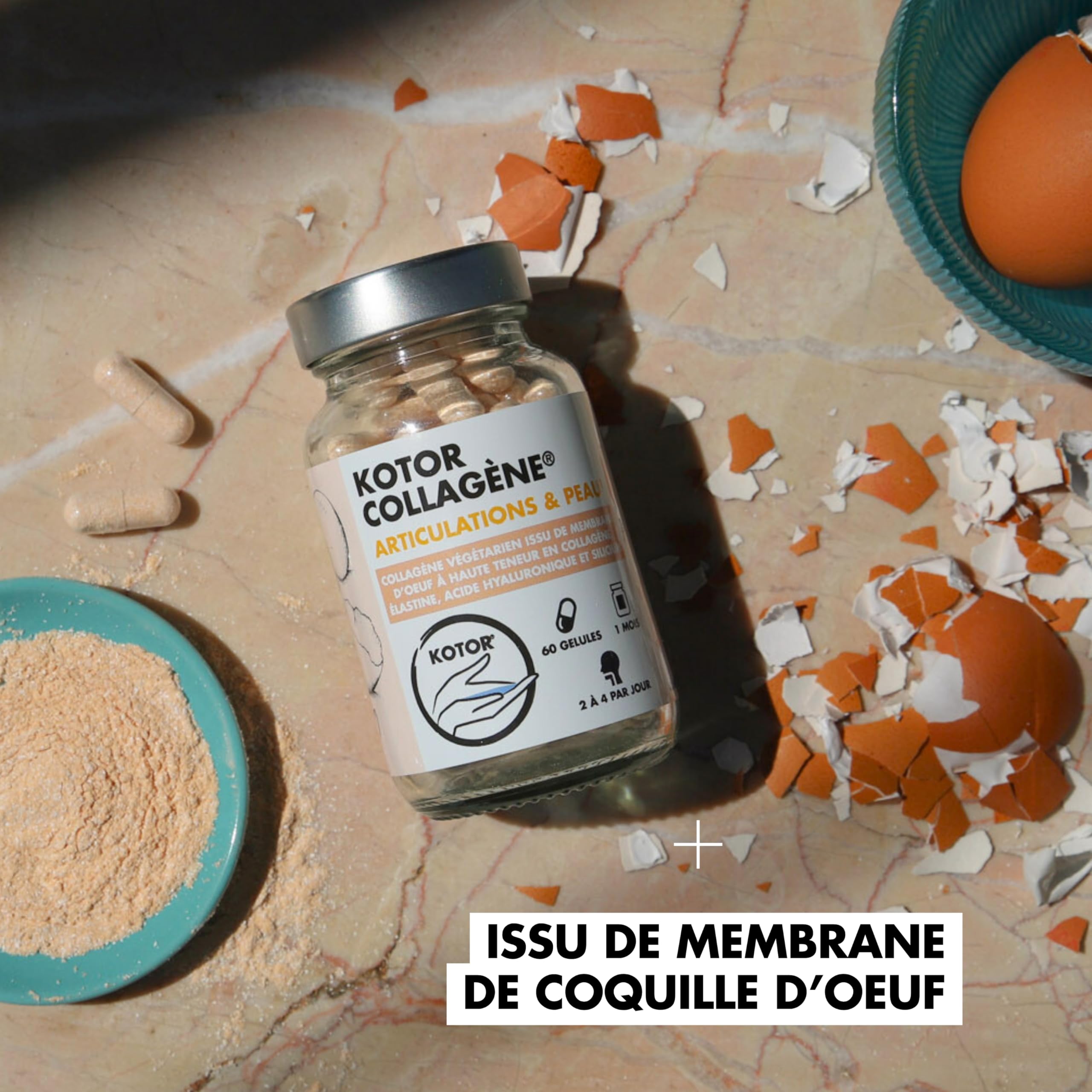 COLLAGÈNE FRANÇAIS & NATUREL | Membrane d’Œuf riche en Collagène type I, V, X + Acide Hyaluronique, Élastine, Silicium et Vitamine C | Peau, Articulations, Cheveux & Ongles | 60 Gélules | 1 Mois