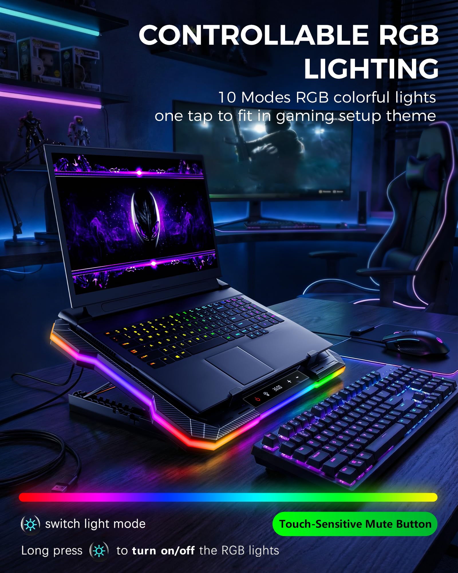 ChillCore 2 ventole staccabili RGB Gaming Laptop Cooling Pad, raffreddamento rapido per laptop da 15,6-49 cm, controllo della velocità variabile, 8 altezze regolabili - K6 RGB