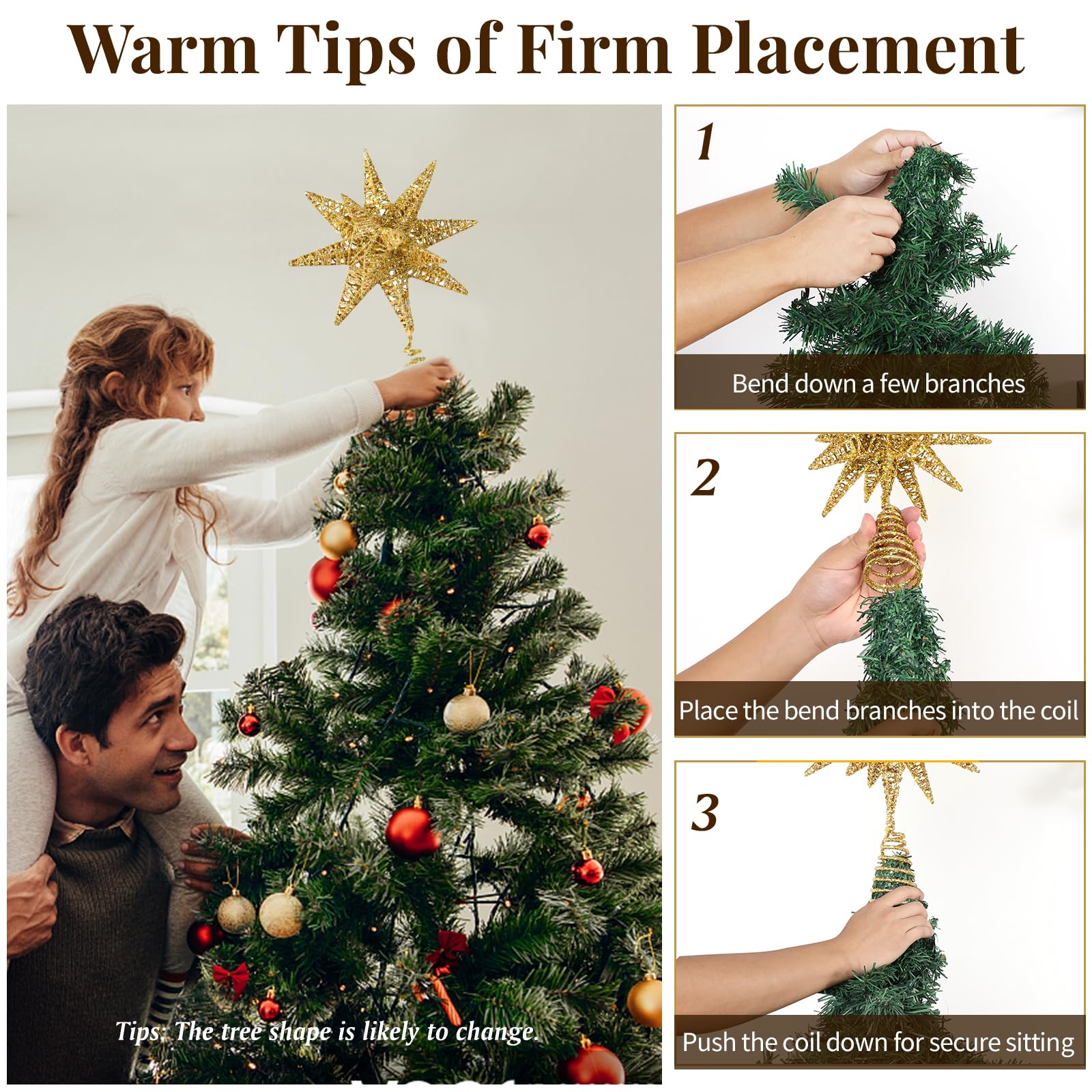 Lewondr Estrella para Árbol de Navidad, 11" Enchufable y Control Remoto Estrella de Copa Geométrica 3D Iluminada para Decoración Navideña, Función Temporizador y Cable 5m, Luz Cálida, Oro