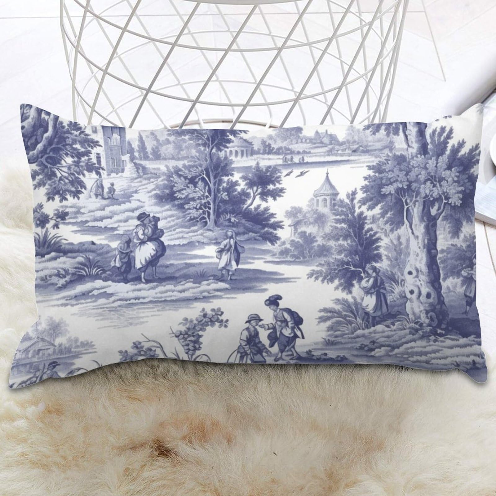 Navy Blue White Decorative Toile Print Lumbar Support Pillow Case French Charmed Life Toile Cushion Cases Pillowcase Modern Farmhouse Decor Pillow For Bed Living Room Couch Sofa Car 12x20 IN