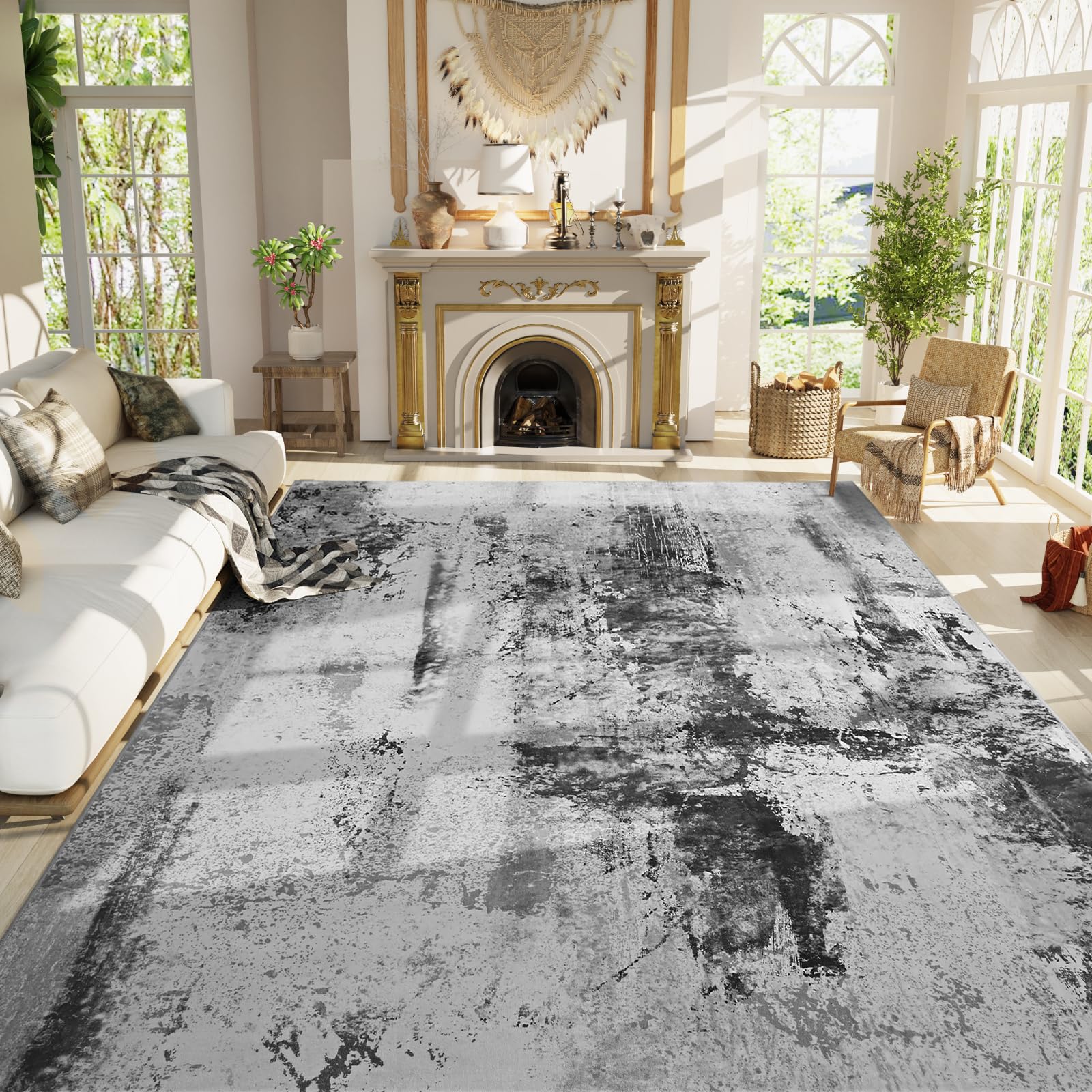 Living Room Rug 9x11 Ink Black Area Rugs Machine Washable Abstract Boho Large Rug Non-Slip Non-Shedding Faux Wool Indoor Vintage Carpet for Bedroom, Classroom, Dining Room, Kids Playroom — image 1
