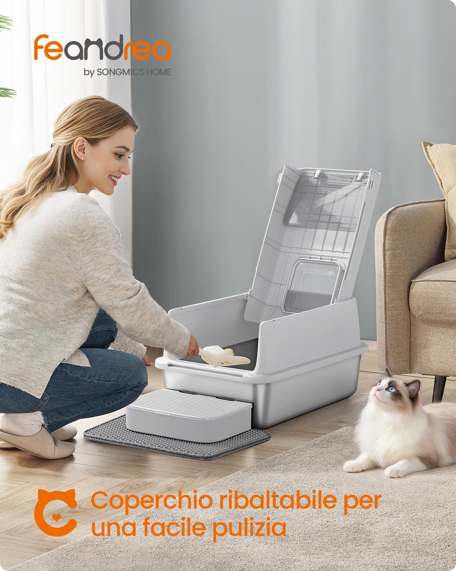 Feandrea Lettiera per Gatti in Acciaio Inox, Toilette per Gatti fino a 15 kg con Coperchio, con Paletta, Tappetino per Lettiera e 2 Ingressi, Grigio Chiaro PPT007GD01