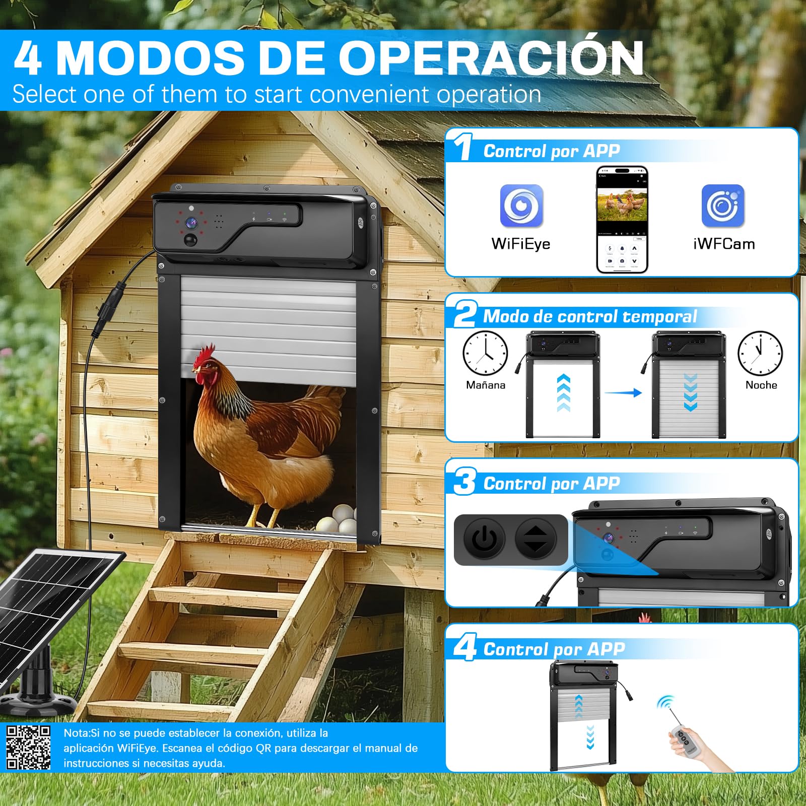 Puerta Gallinero Automatica Solar con Cámara 1080P, Control por Aplicación y WiFi, Visualización Estado Puerta en Tiempo Real, Función de Aviso sonoro y Temporizador, Batería 5000 mAh