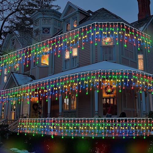 Miniatura 6 de Pooqla Luces de carámbano de Navidad para decoración al aire libre, guirnalda de luces LED coloridas, 8 modos, 300 luces LED conectables de 30 pies,