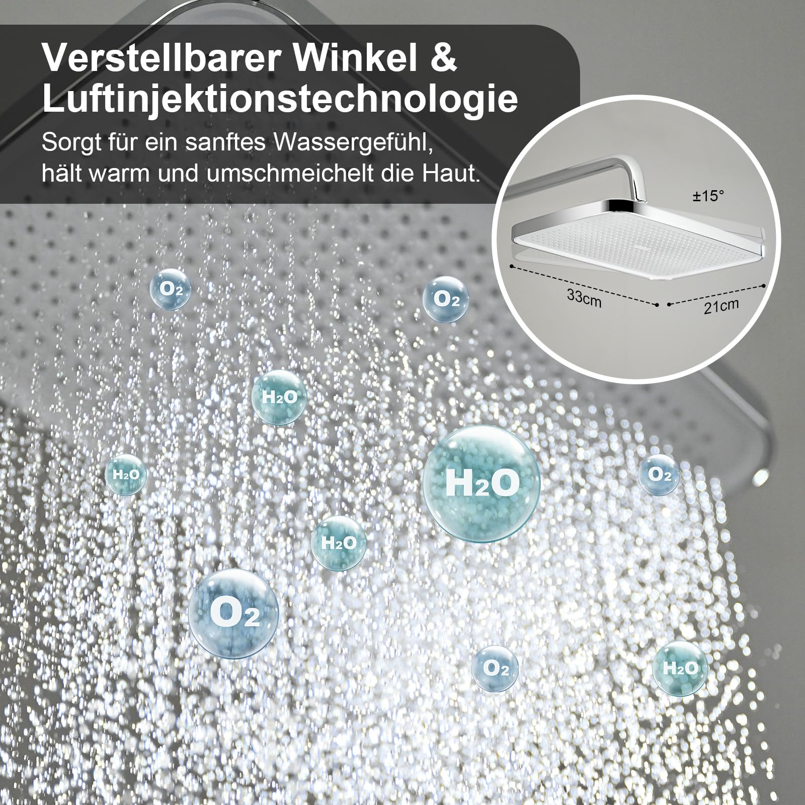Duschsystem mit Thermostat Edelstahl Regendusche 13" Quadratische Regenbrause Handbrause 3 Strahlarten Duscharmatur Komplettset Höhenverstellbar mit Anti-Verbrühungsschutz Wassersparend