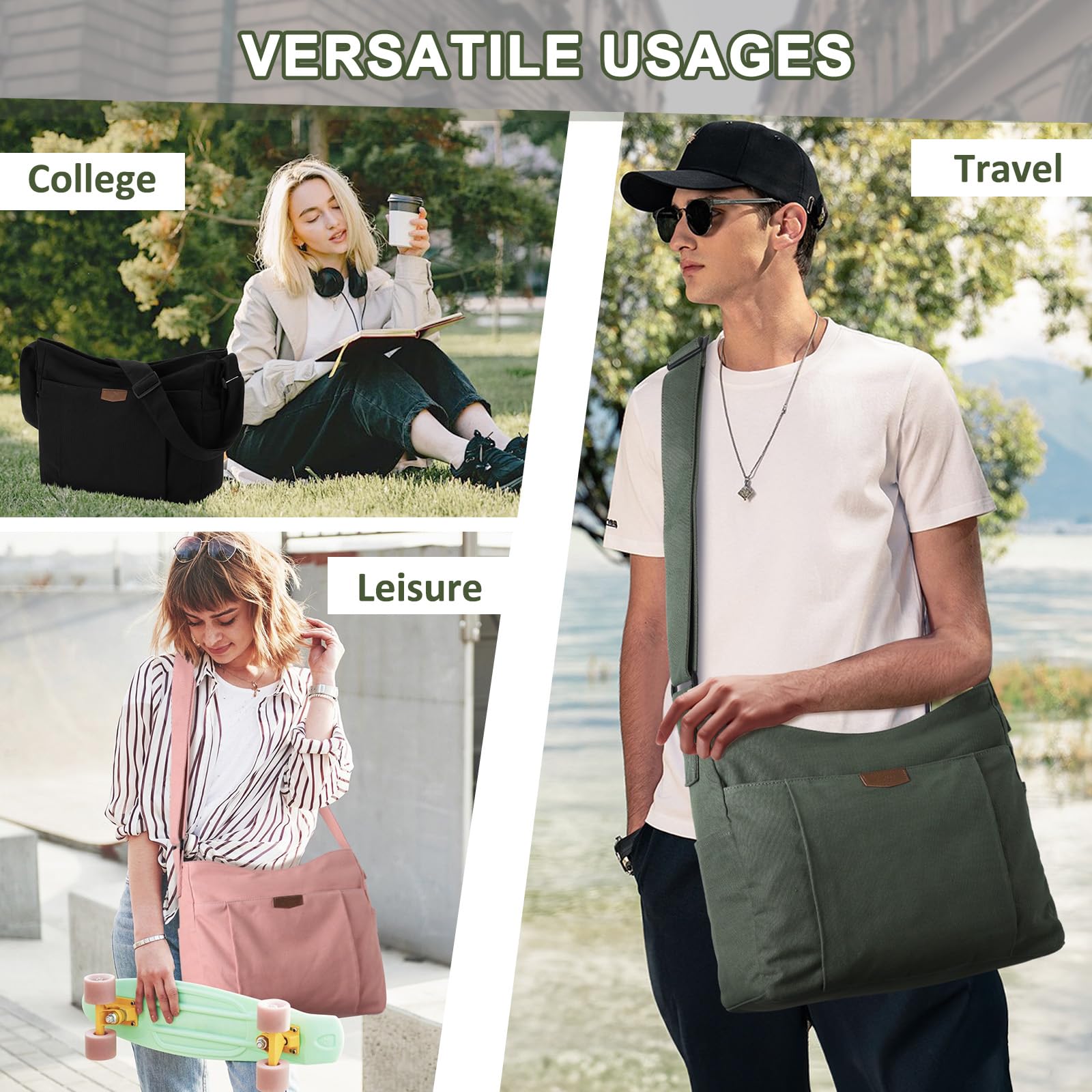 Płócienna torba listonoszka, lekka torba hobo, crossbody, dla kobiet, mężczyzn, duża, na co dzień, torba na ramię, na uczelnię, podróż, do pracy