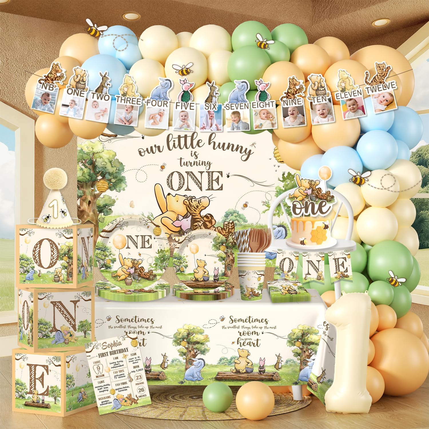 Classic Bear 1st Birthday Decorations for 25 Guests, 262pcs All-in-One Vintage Bear Birthday Decorations Set, with Balloon, Banner, Plate, Backdrop, Tablecloths-Easy Setup first birthday decor