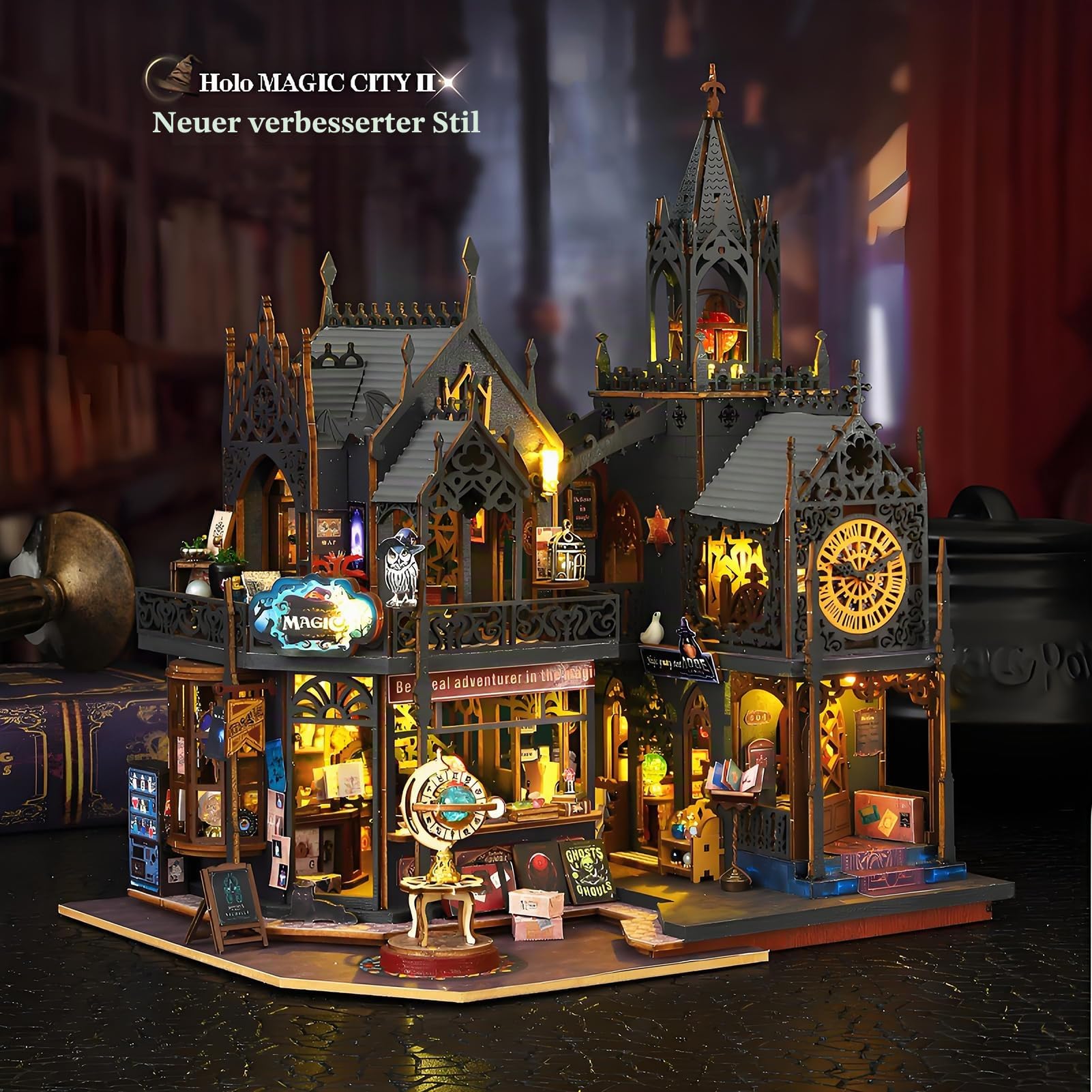 Spilay DIY Miniature House - Puppenhaus Bausatz im Europäischen Burgenstil mit LED-Beleuchtung & Staubschutzhaube & Musikspielwerk (ES012-2 Holo Magic City 2)
