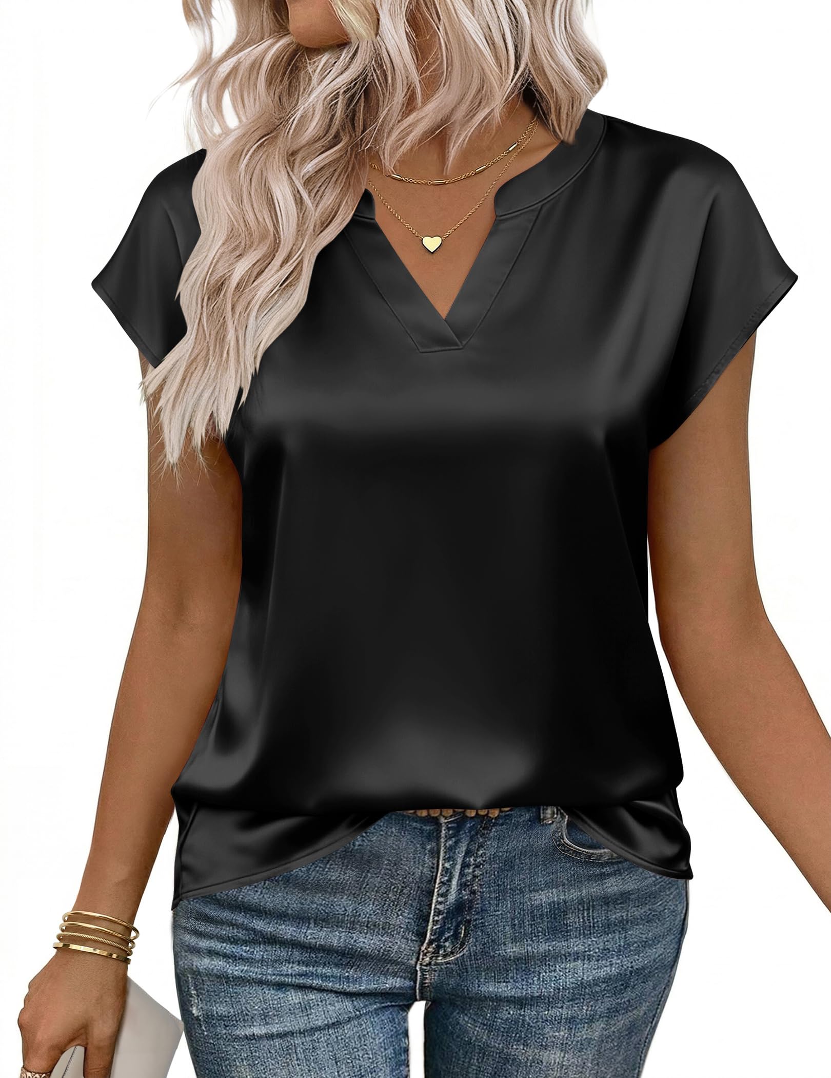 Zeagoo Women Tops Silk Satin Blouses V Neck Summer Shirts Cap Sleeve Business Casual Dressy Spring Clothing — view 9