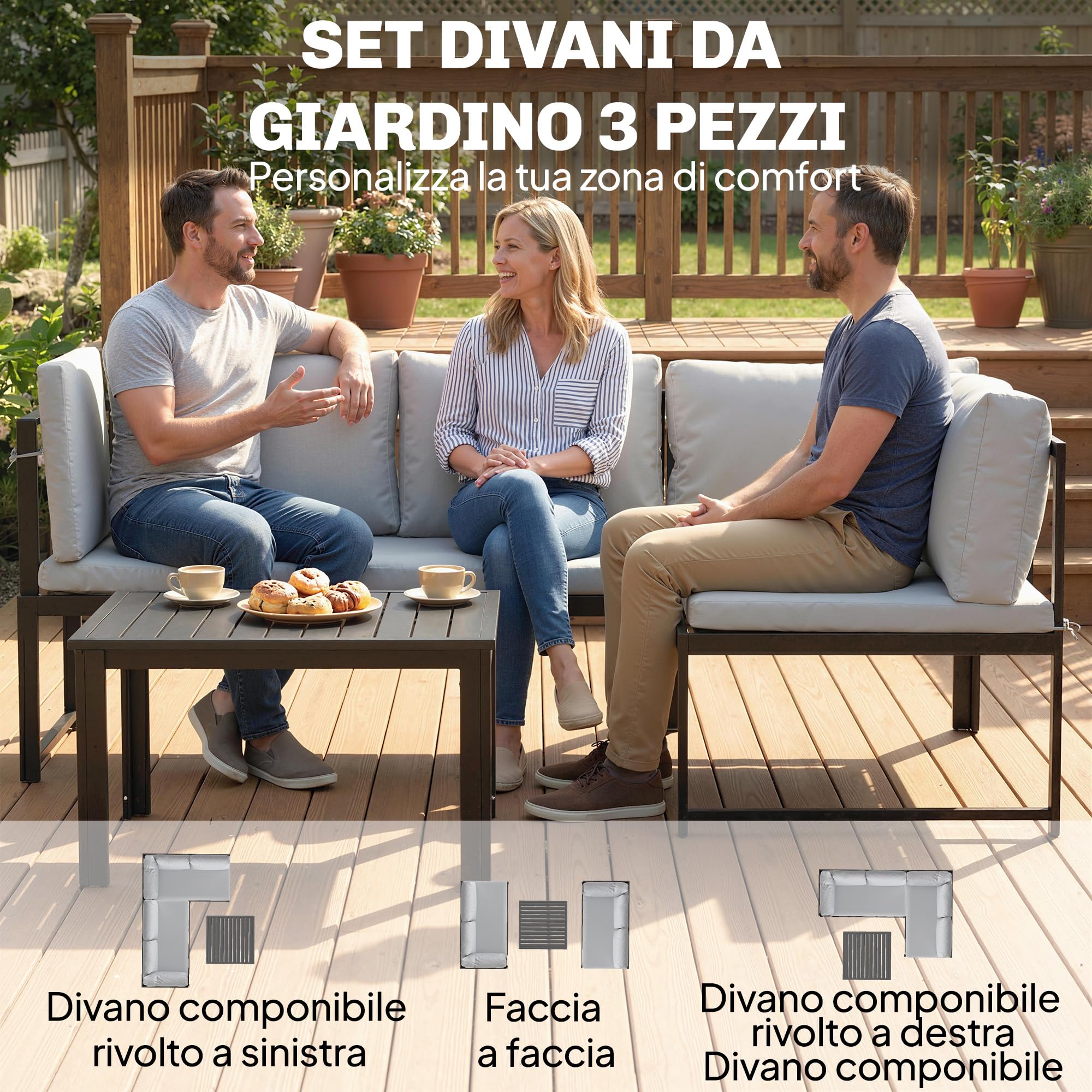 Outsunny Set Salotto da Giardino 3 Pezzi, Set di Mobili da Giardino con 2 Divani 2 Posti con Braccioli Regolabili, Tavolino a Doghe, Cuscini, Struttura in Metallo, Salottino da Esterno ad L, Grigio
