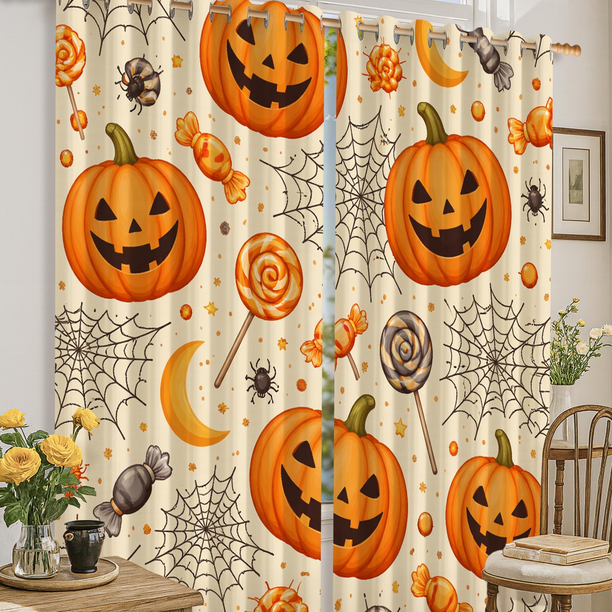 Rideaux occultants Halloween orange motif araignée citrouilles décoration fenêtre 132x160