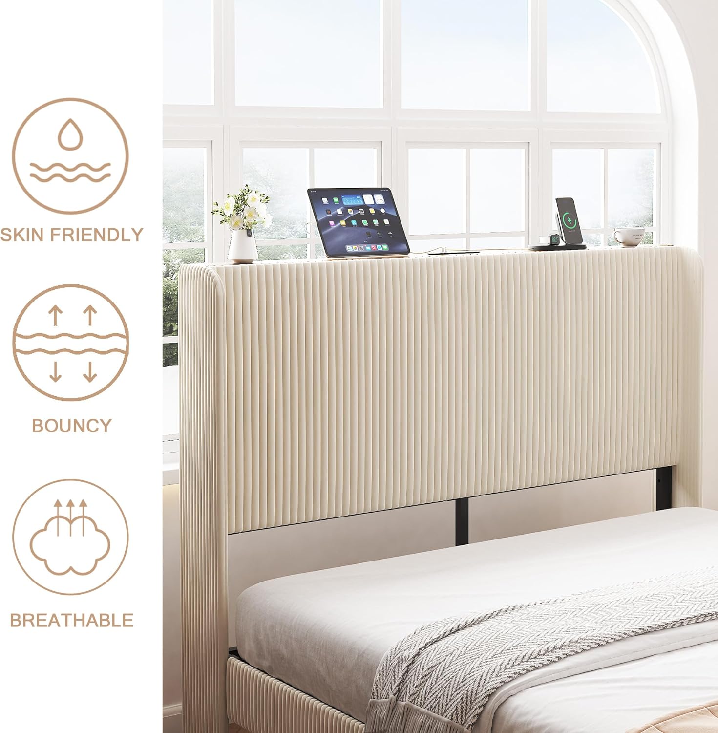 KE'VERSO Queen Size Bed Frame with Charging Station, Upholstered Platform Bed Frame Queen with Wingback Headboard, Metal Slats Support, No Box Spring Needed, Noise Free, Easy Assembly, Beige