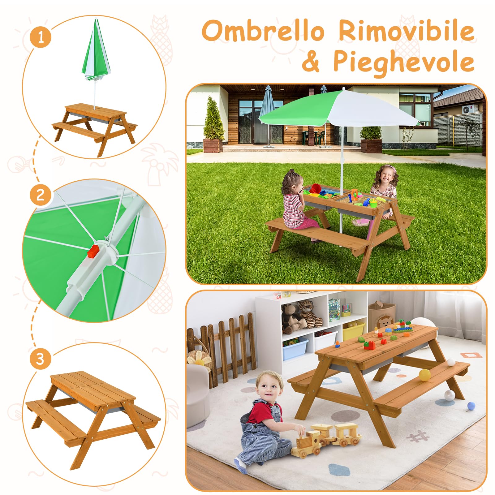 GYMAX Set Tavolo da Picnic 3 in 1 per Bambini, con Ombrello Rimovibile e Pieghevole e 2 Scatole, Set di Tavolo e Panca in Legno per Esterno Giardino Patio (Bianco+Verde)