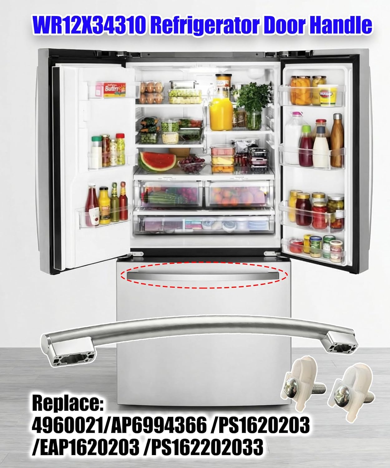 WR12X34310 Stainless Steel Freezer Door Handle with 2 pcs WR01X25070 Door Handle Fasteners Compatible with GE Etc Appliances Refrigerator,Replaces Parts 4960021 AP6994366 PS16220203 EAP16220203