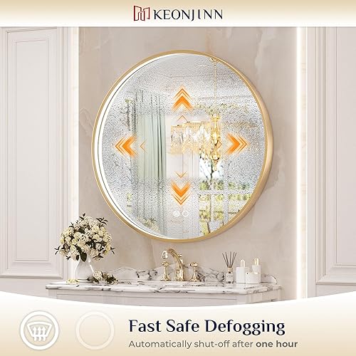Miniatura 5 de Keonjinn Espejo de baño LED redondo dorado de 28 luces de 3000 K4500 K6000 K con marco de metal frontal antivaho redondo espejo de tocador montado