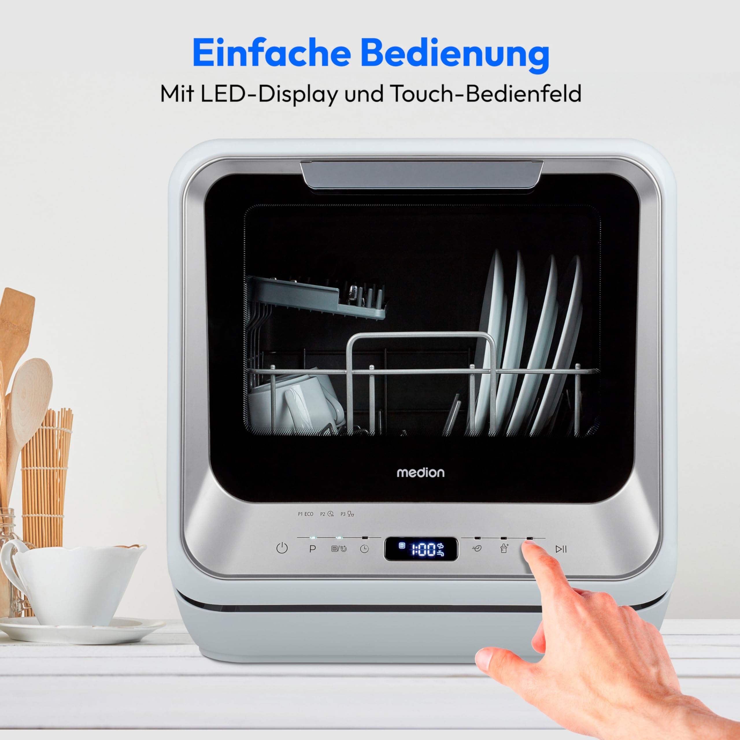 MEDION Mini Geschirrspüler DWT20 Tischgeschirrspüler 2 Maßgedecke freistehend silber