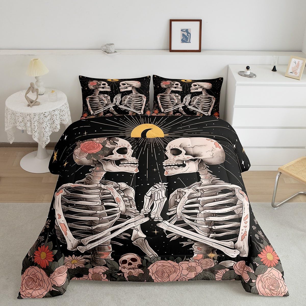Kissing Lover Skull Comforter Set Toddler Size Romantic Gothic Skeleton Bedding Set Kids Boys Girls Luxury Blooming Flowers All Season Quilt Set Oil Painting Style Bedding Comforter Sets,2Pcs