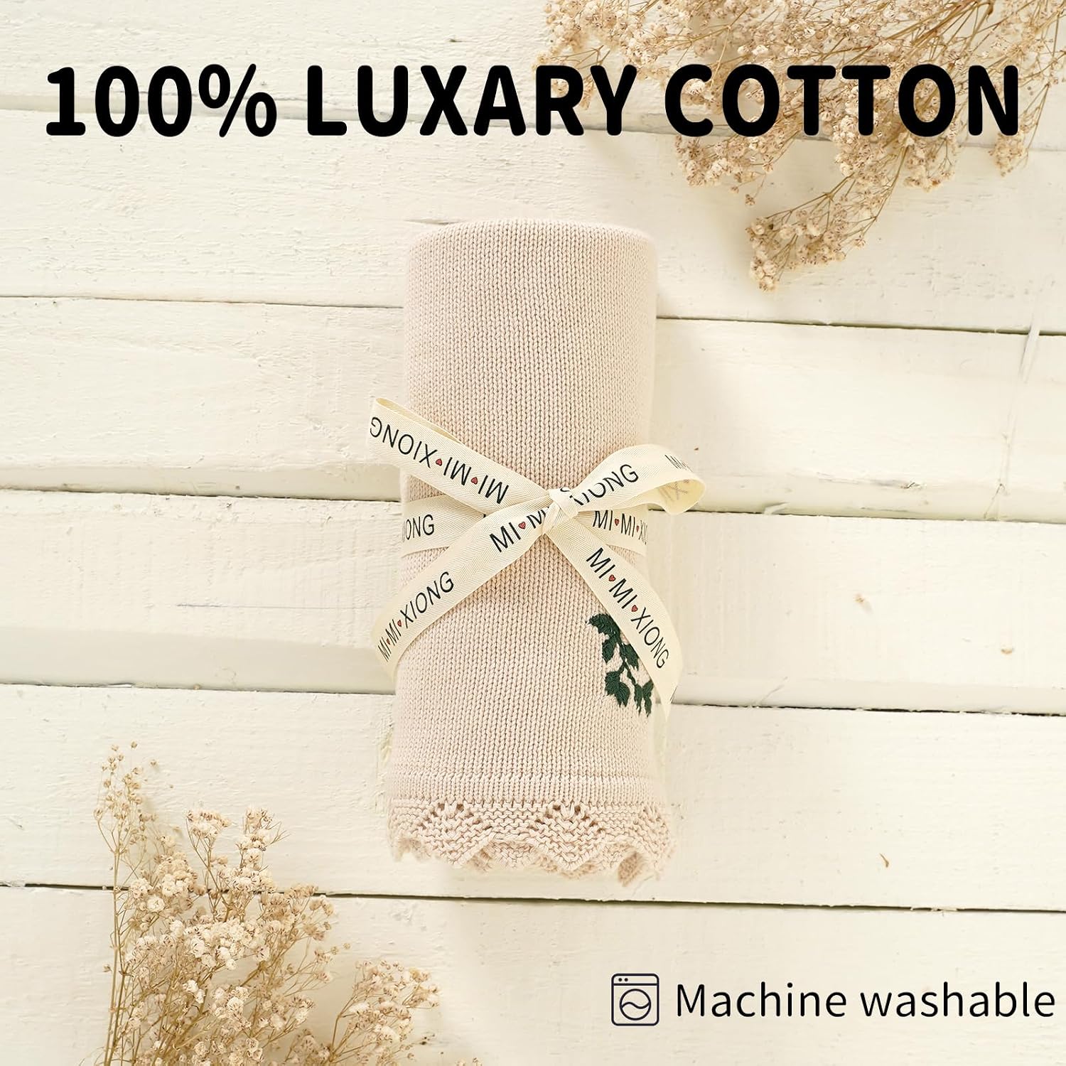 mimixiong 100% Cotton Knitted Crochet Blanket Soft Receiving Nursery Swaddling Giftable Baby Blanket with Elegant Embroidered Flower