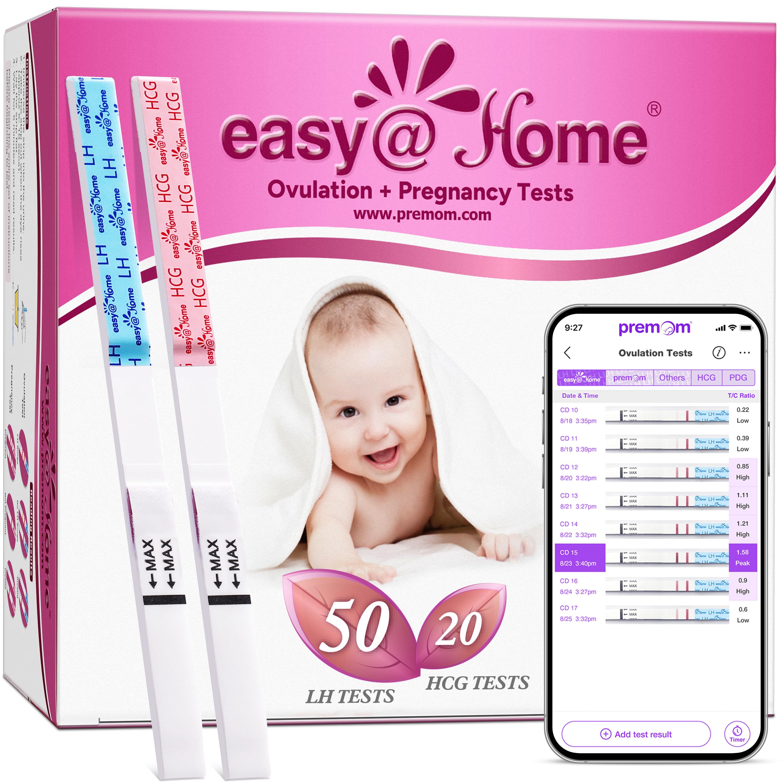 Easy@Home 50 Ovulation Test Strips and 20 Pregnancy Test Strips, Ovulation and Pregnancy Test Kit Powered by Premom Ovulation Predictor iOS and Android App