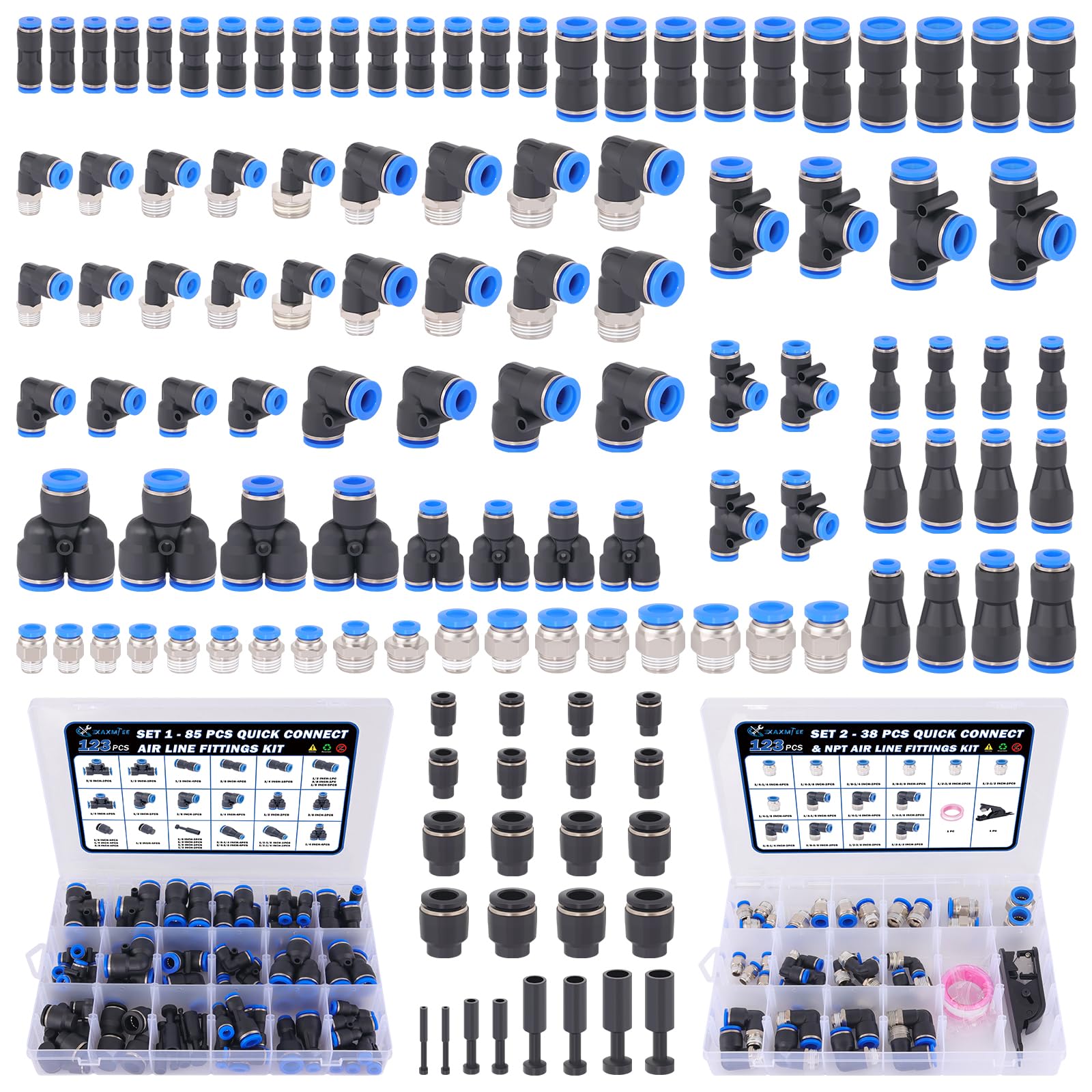 Kit di raccordi per linea aerea a connessione rapida, 123 pezzi, raccordi pneumatici a pressione pneumatica, raccordi per tubi dell'aria da 1/8", 1/4", 3/8", 1/2" Push to Connect e filettatura