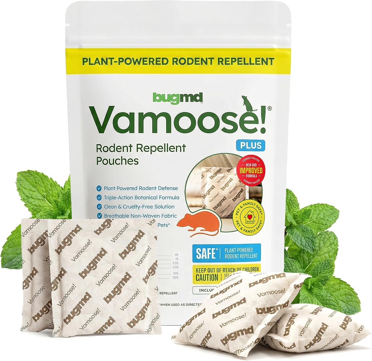 Amazon.com : BugMD Vamoose! Plus Peppermint Oil Mouse Repellent Pouches | Natural Mice Repellent Indoor & Rat Deterrent for House, Garage, RV, Car & Storage | Plant-Powered Rodent Control - 1 Pack - 4 Pouches