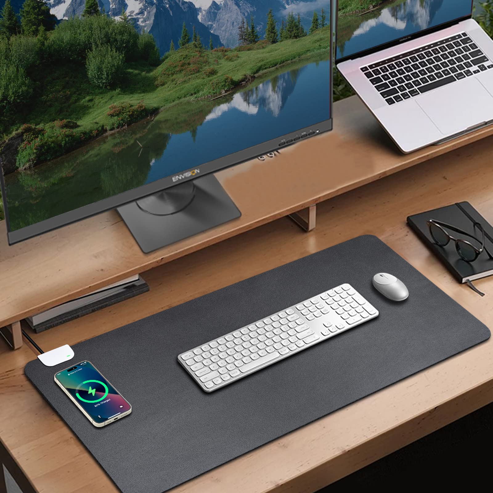 GORESE Sottomano Scrivania Ufficio in Pelle PU, Tappetino mouse con Ricarica Wireless 10W, Supporta Qi, Impermeabile, Nero 90x42CM