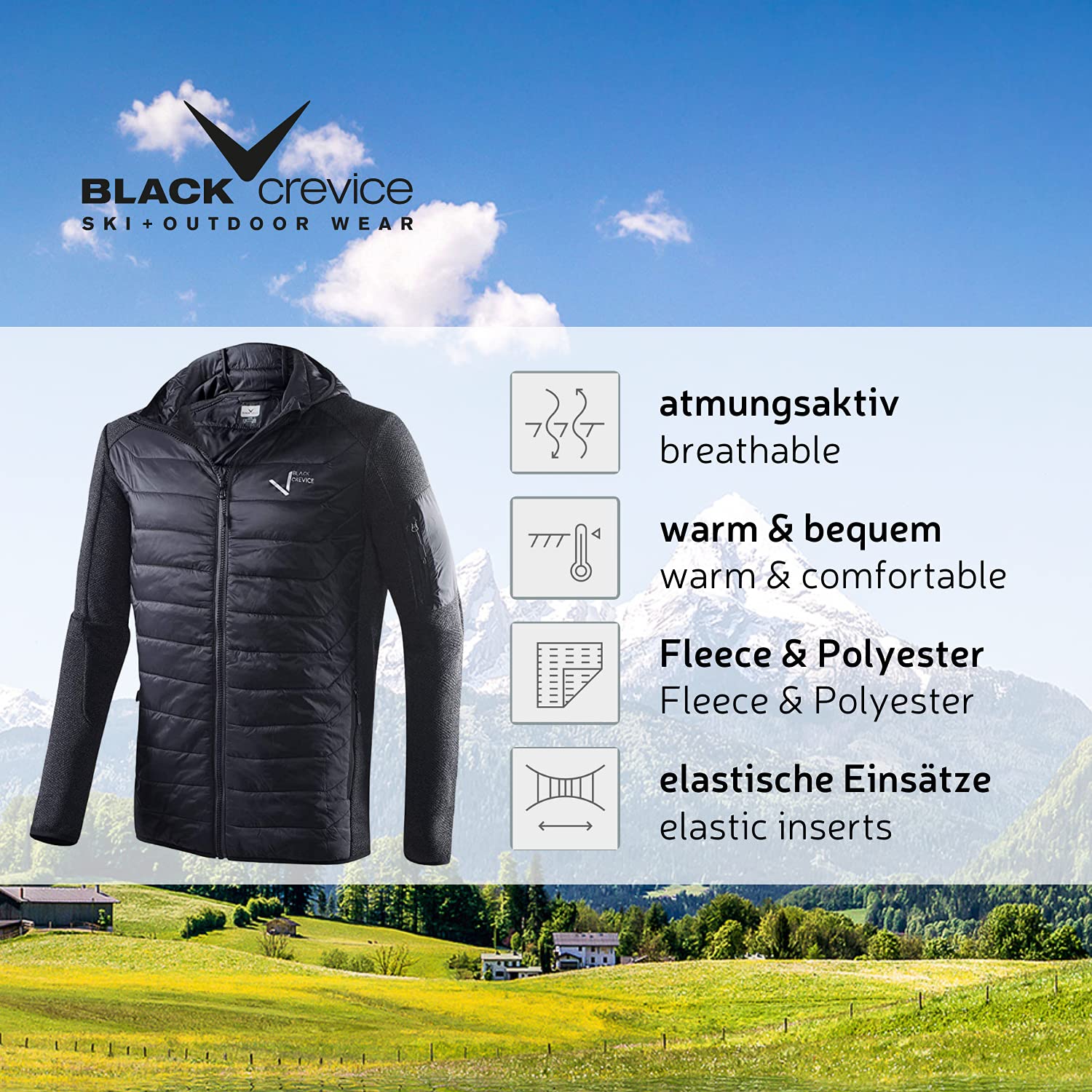 Black Crevice Hybrydowa kurtka męska w klasycznym wzornictwie z dzianiny I męska kurtka funkcyjna I kurtka męska z 2 kieszeniami na zamek błyskawiczny I męska kurtka hybrydowa I męska kurtka z