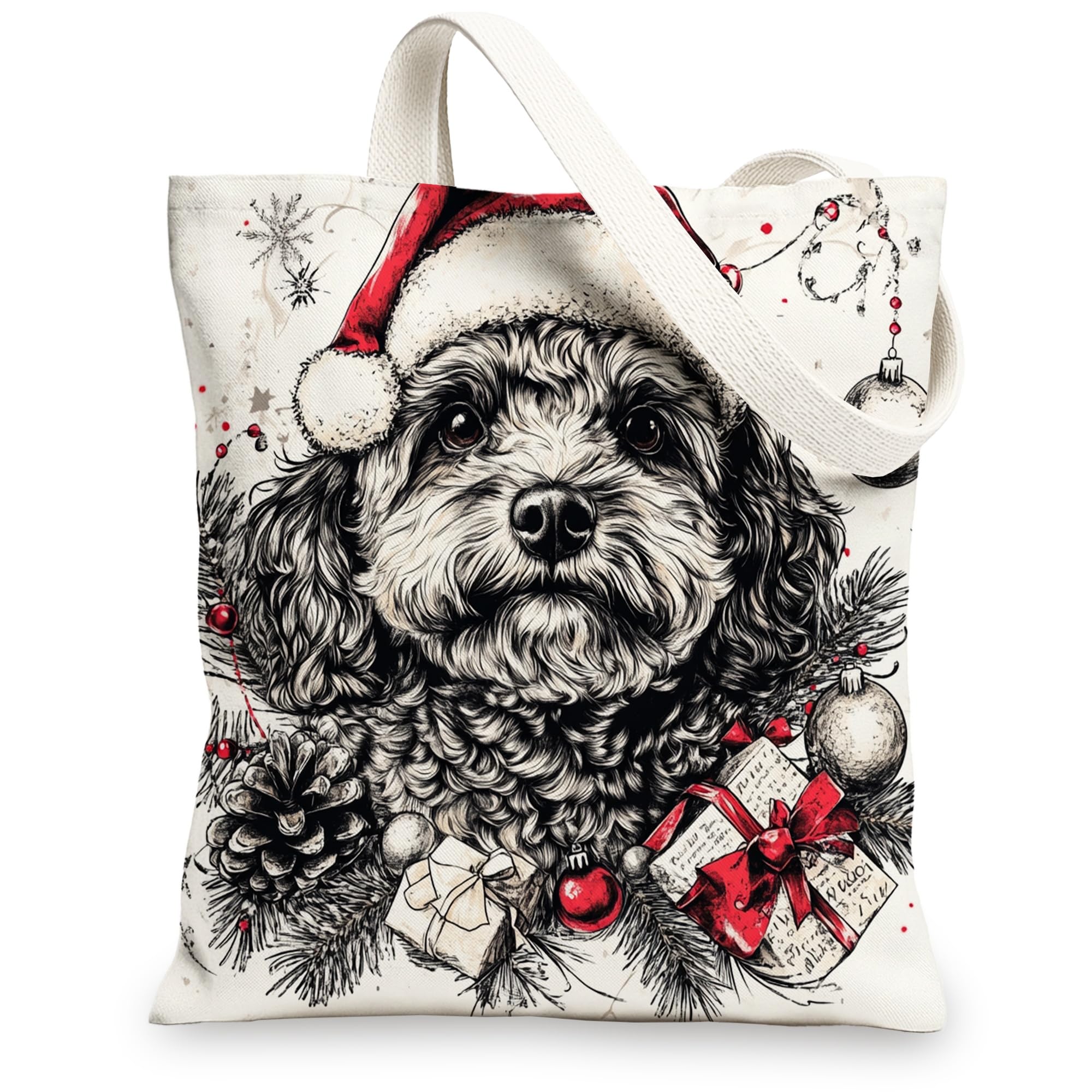 Vintage Christmas Cockapoo Dog Canvas Tote Bag for Shopping 13 * 15, Xmas Puppy Pet Reusable Grocery Bag for Women, New Year Holiday Aesthetic Pattern Gift Decor