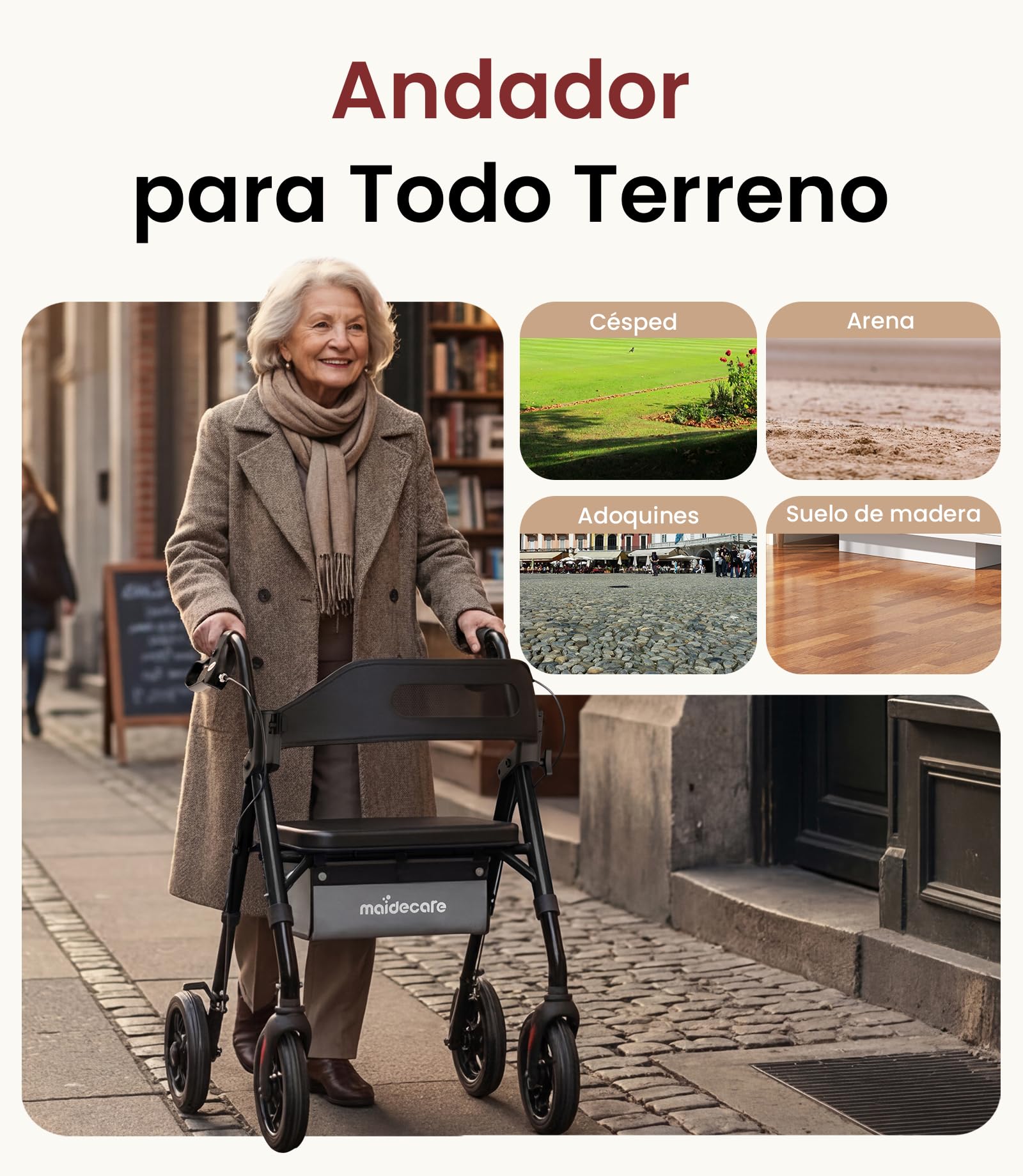 Andador para Ancianos con Asiento Plegable, Manillar y Asiento Regulables en Altura, Caminadores para Mayores, Ayuda para Caminar Ligera con Freno, Ruedas 8" Todoterreno, Negro