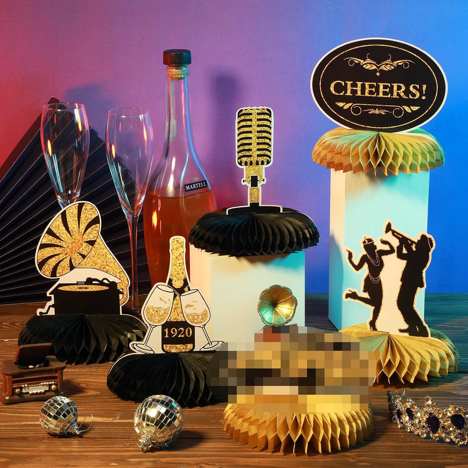 Epakh 10 Pcs Roaring 1920's Party Decorations Honeycomb Centerpiece Black and Gold Birthday Music Party Table for 1920s Birthday Speakeasy Vintage Flapper Wedding Party Supplies
