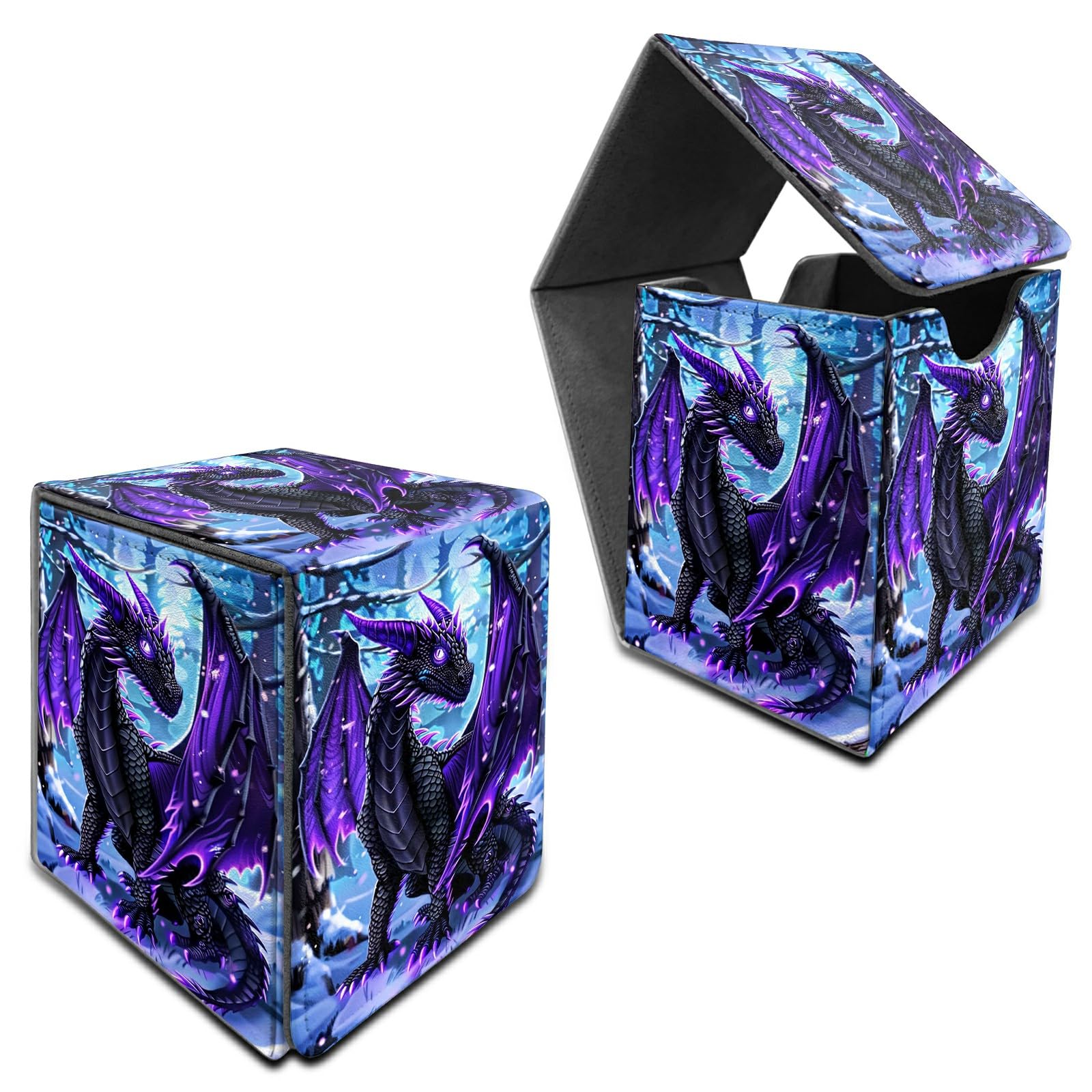 RWUTYTIUL for MTG Commander Deck Box, Card Storage Box Fits 100+ Sleeved Cards, PU Leather Large Size Strong Magnet Card Deck Case Holder for Board Game Magic MTG TCG CCG, Snow Dragon
