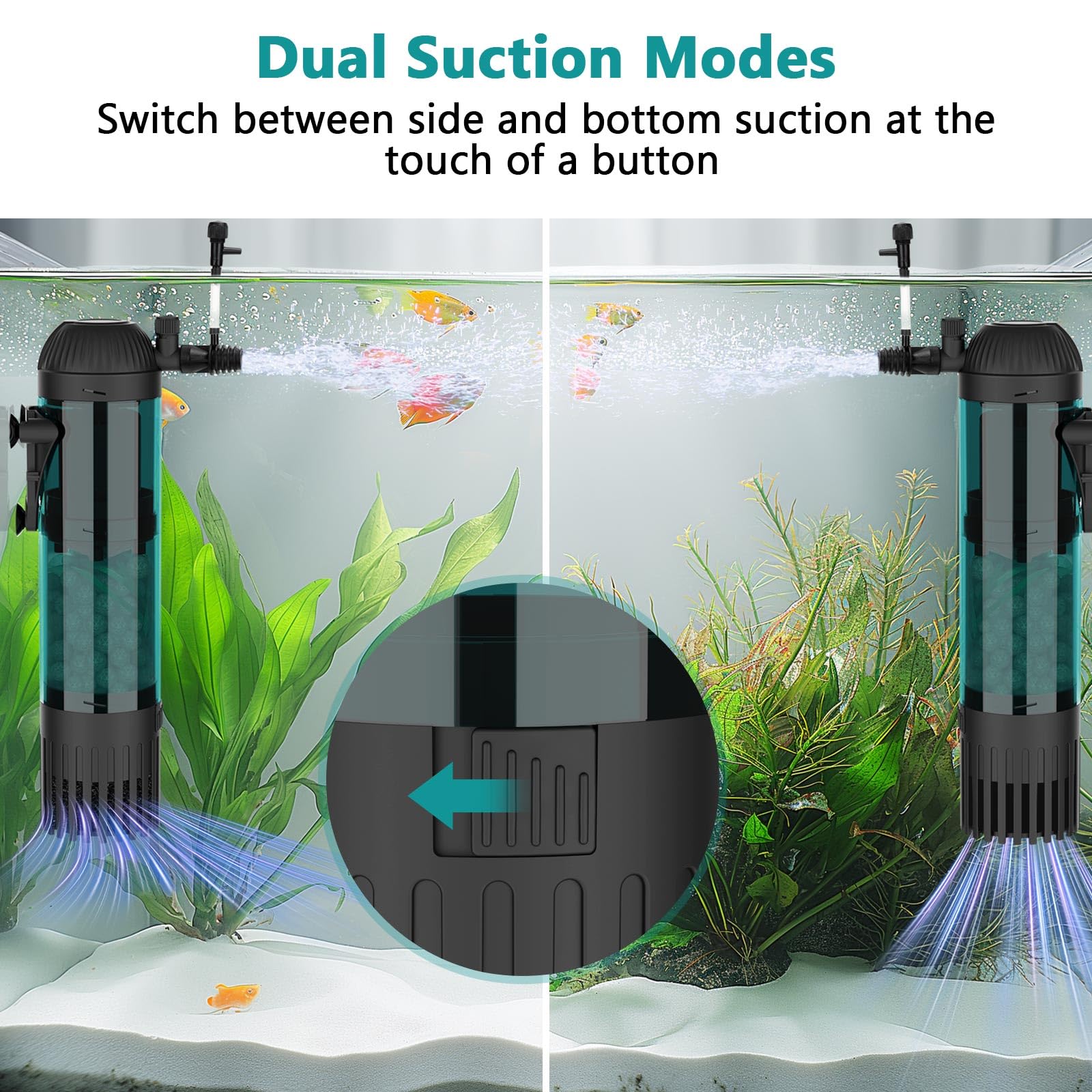 AQQA Aquariumfilter, 600 l/h, starker Durchfluss, 8 W, leise Aquarium-Filterpumpe mit 3-stufiger Filtration für Tanks bis zu 200 l