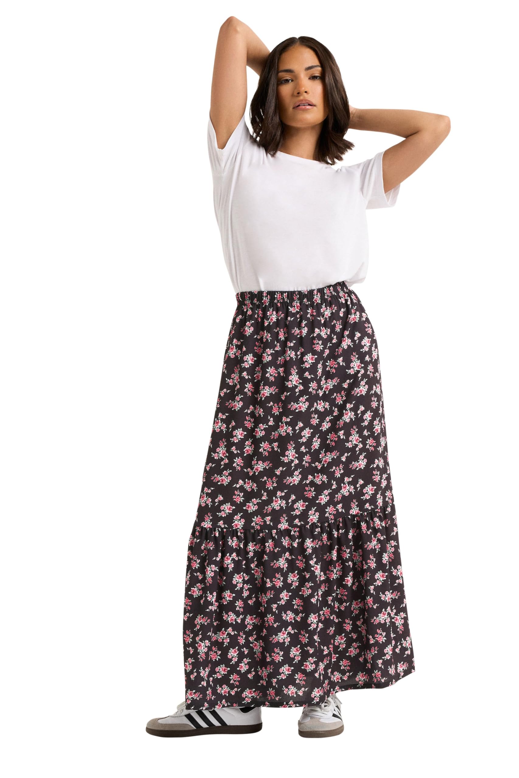 PixieGirl Ditsy Floral Tiered Maxi Skirt - Black - Size 12