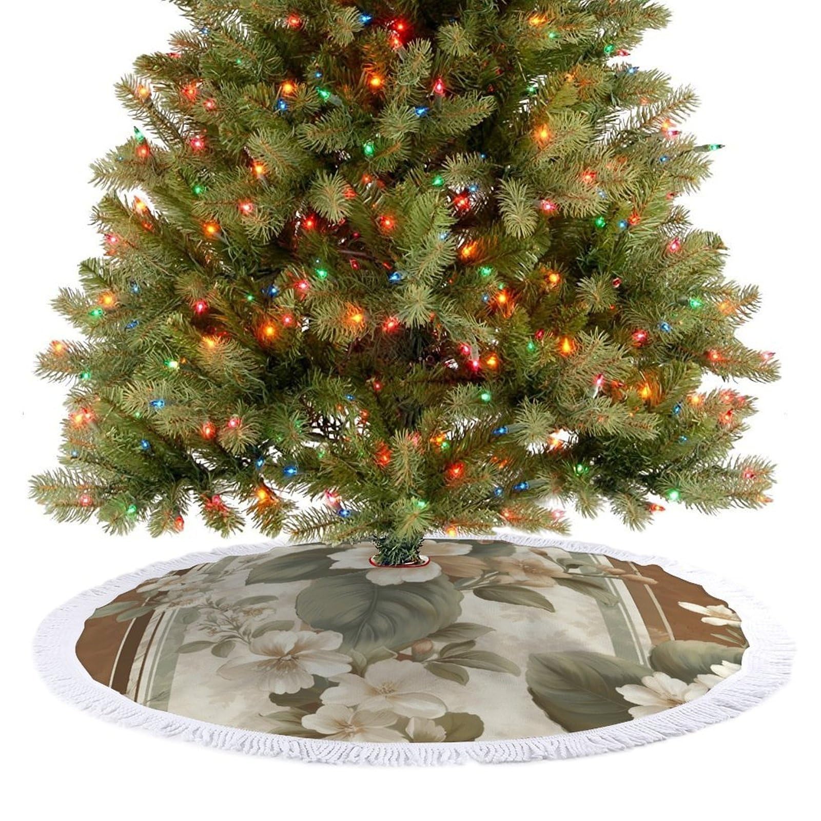 Stripes with Flowers Christmas Tree Skirt 48" Rustic Xmas Tree Mat with Tassel Ornament Christmas Trees Cover Skirt Mat for Evergreen Trees Ornament Winter Holiday Mats Decorations