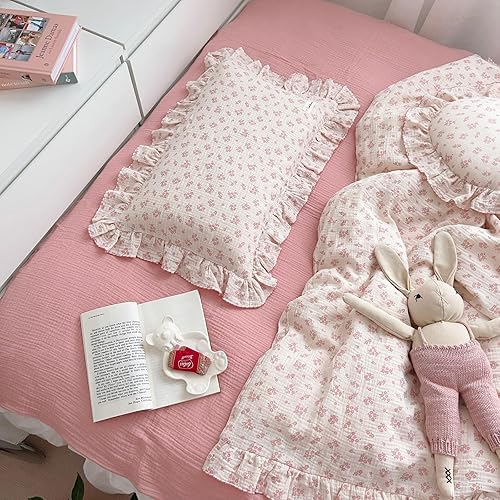 Miniatura 2 de BuLuTu Funda de almohada de muselina de algodón con borde de volantes y flores Galsang para niños, almohada de viaje suave para niños, niñas,