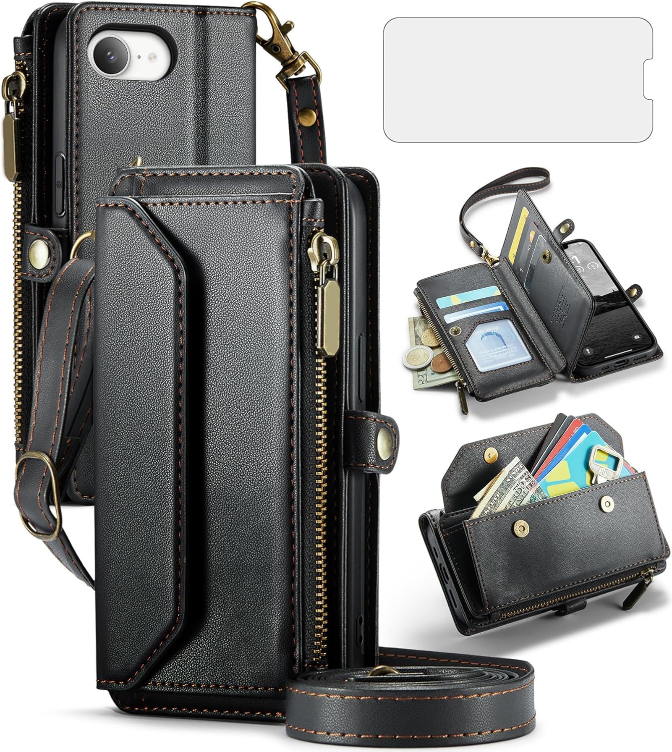 Phone Case for iPhone 16e/SE 2025/SE 4 Zipper Wallet Cover with Tempered Glass Screen Protector and Flip RFID Blocking Card Holder Cell i Phone16e i16e 16 e SE4 4th Generation 16eCase Women Men Black